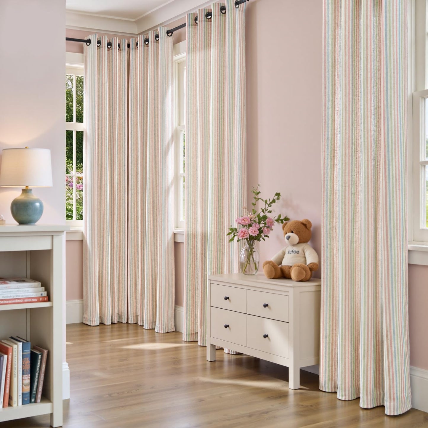jinchan Linen Curtains for Living Room Candy Striped Curtains 84 inch Length for Baby Girls Kids Room Ticking Stripe Pattern Light Filtering Nursery Drapes Grommet Window Treatments 2 Panels Candy