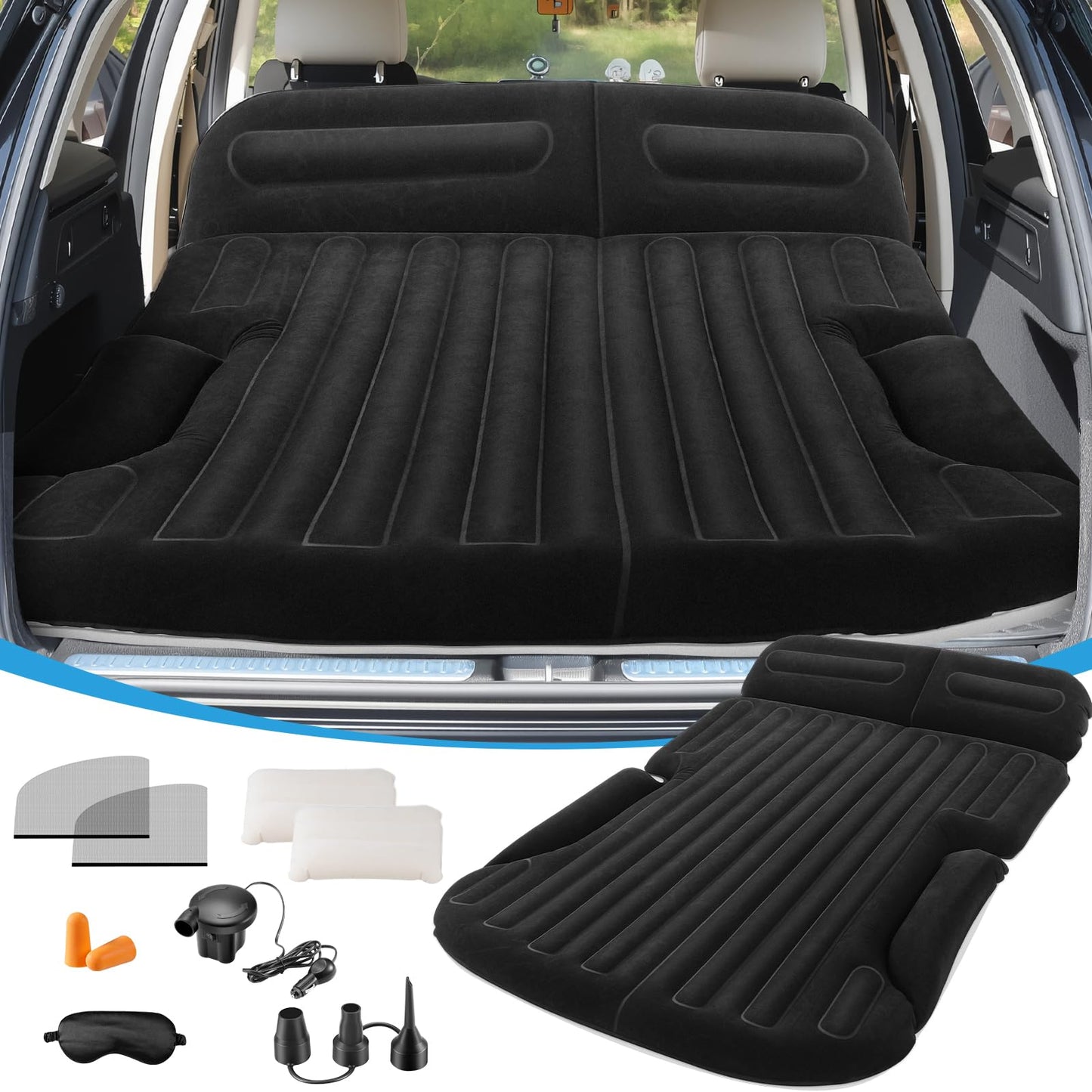 KMZ SUV Air Mattress with Electric Pump, Thick Double-Sided Flocked Camping Bed, Includes 2 Pillows & 2 Window Screens, Inflatable Travel Mattress for SUV Trunk and Rear Seat – Black
