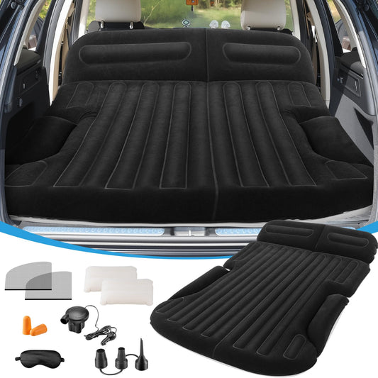 KMZ SUV Air Mattress with Electric Pump, Thick Double-Sided Flocked Camping Bed, Includes 2 Pillows & 2 Window Screens, Inflatable Travel Mattress for SUV Trunk and Rear Seat – Black