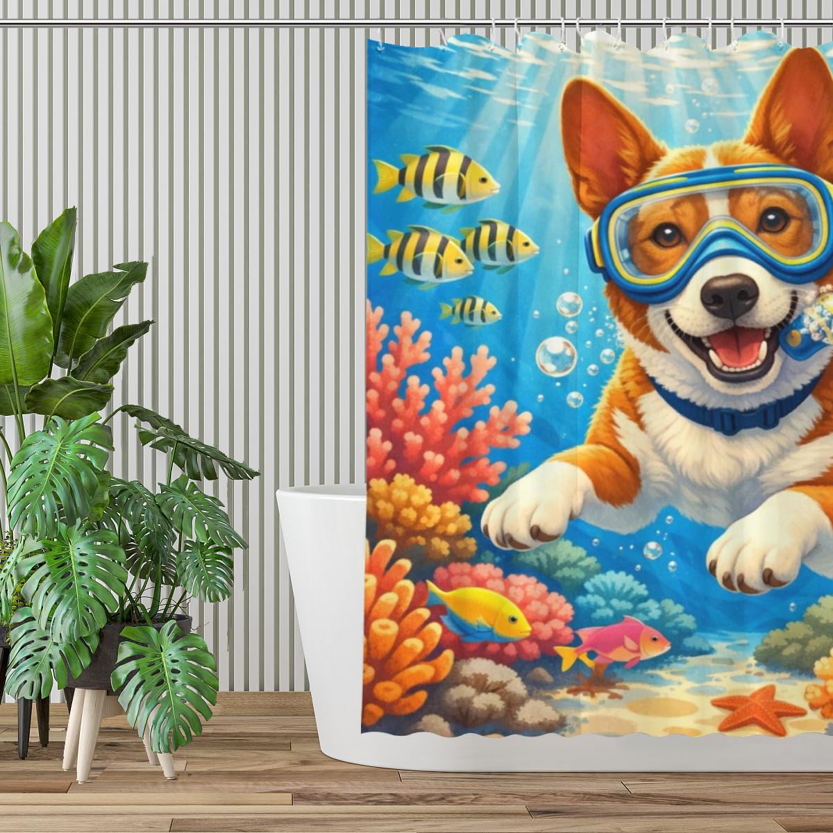 REZHOCH Kids Ocean Shower Curtain 72x72Inch Fun Basenji Snorkeling Underwater Tropical Fish Coral Reef Home Bathroom Decor,Boy Girl Cartoon Animal Coastal Bath Set with Hooks