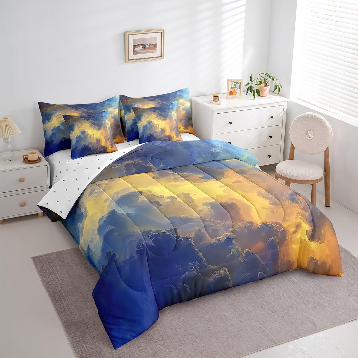 Erosebridal Beauty Weather Nature Comforter Set Full Size,Oil Painting Clouds Bedding Set for Kids Teens,Sunscape (Comforter+Fitted+Flat Sheet+2 Pillowcases+2 Throw Pillow Covers) 7 Pieces Bed Set