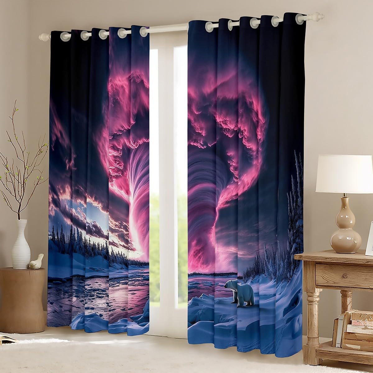 Erosebridal Pink Tornados Curtains 38" Wx45 L,Polar Bear Window Curtains Drapes for Kids Teens Adults,Natural Storm Room Decor