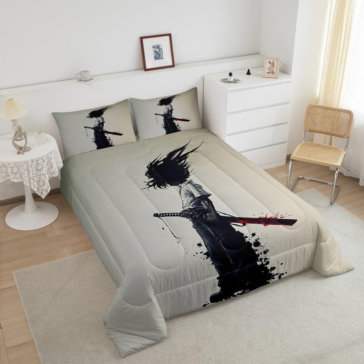 jejeloiu Kids Afro Samurai Comforter Set Queen Size Anime Bedding Set for Boys Girls Japanese Style Duvet Quilt,1 Comforter+ 2 Pillow Shams