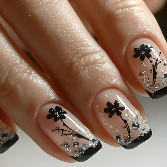 Medium Press on Nails Square Black French Tip Nails Press ons with Silver Glitter Design Black Flower Glue on Nails Acrylic Full Cover Fake Nails Glossy Artificial False Nails for Women 24Pcs