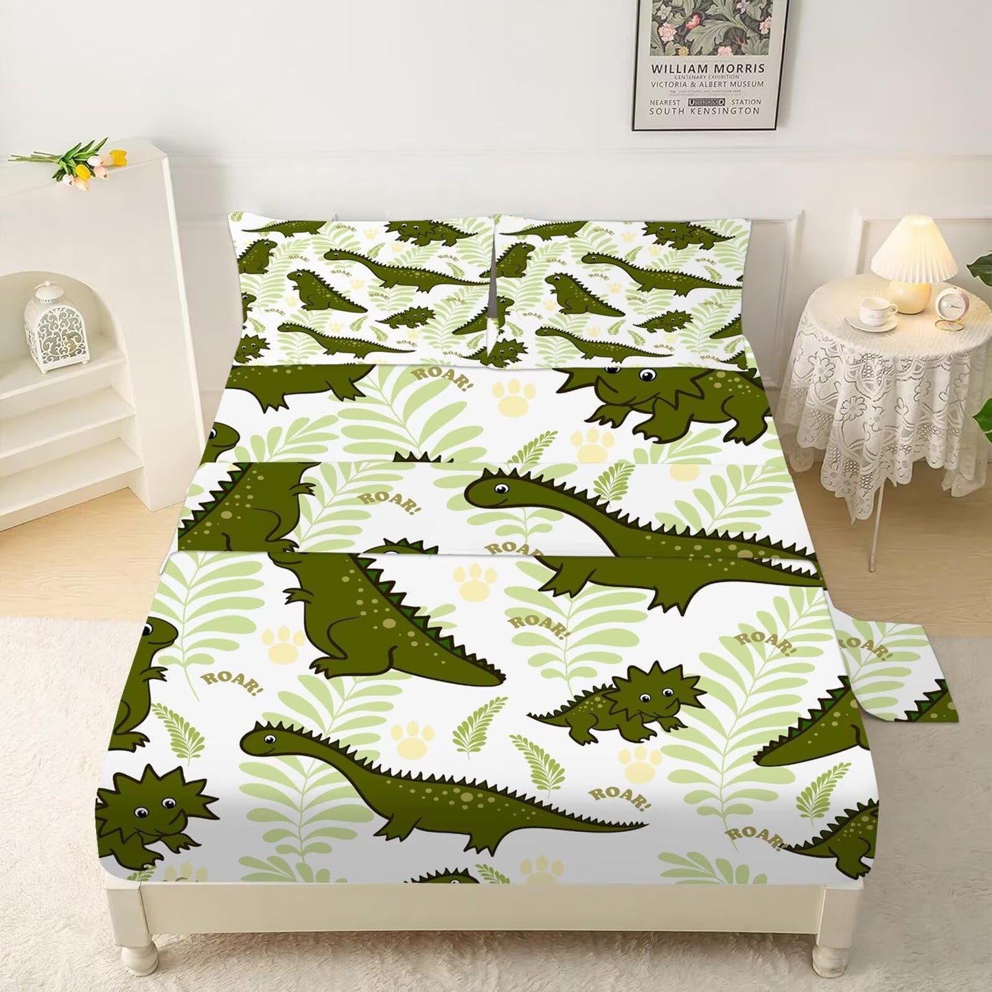 VTKON Cartoon Dinosaur Sheets Set Twin for Boys Green Kids Dino Bedding Set with Deep Pocket T-Rex Bed Set with 1 Flat Sheet 1 Fitted Sheet and 1 Pillowcase