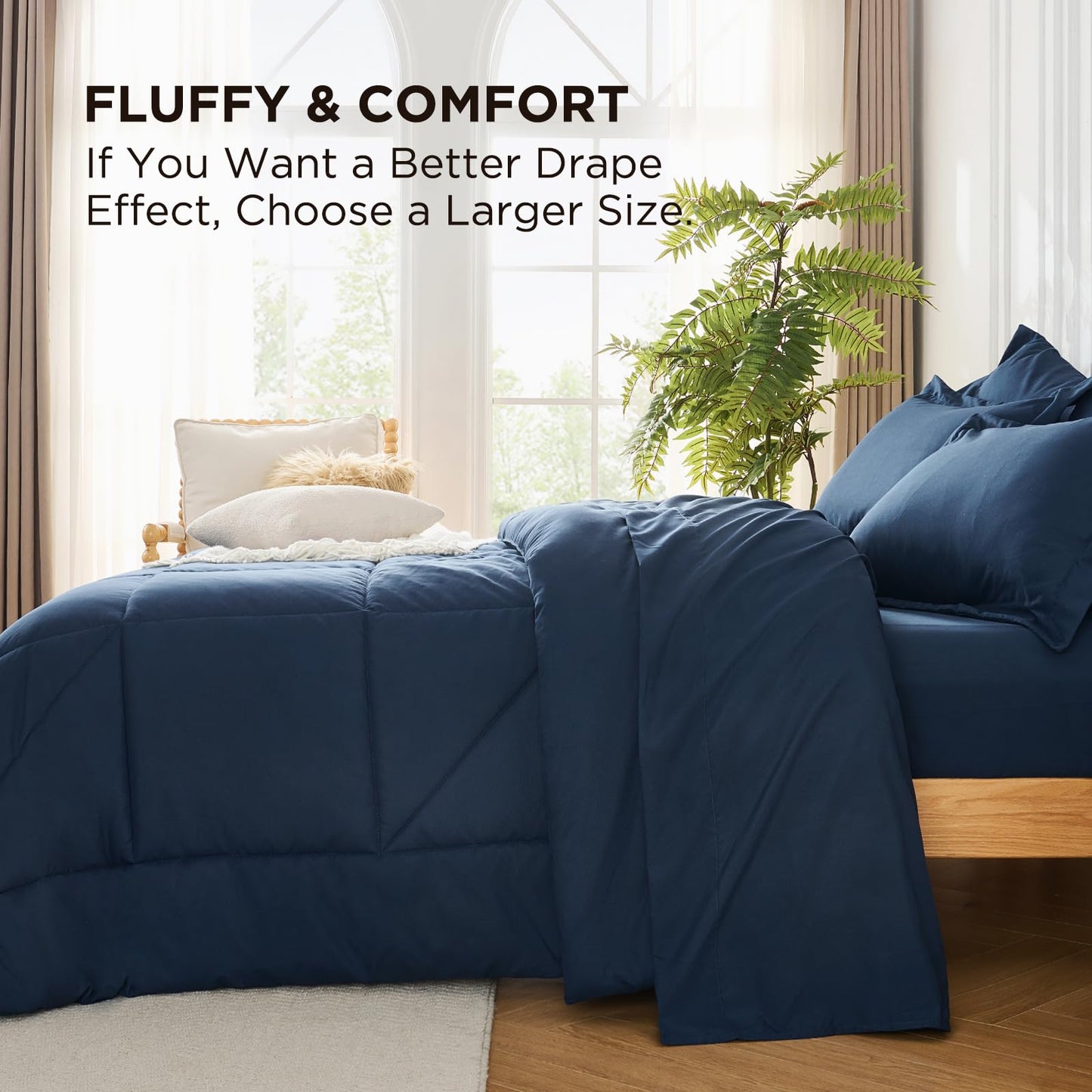 Baskbed 7 Pieces Queen Comforter Set - Utral Soft Microfiber Bedding Set, Thick Duvet Insert Bed in a Bag Without Rustling Noise for All Season, Navy (88"x88")