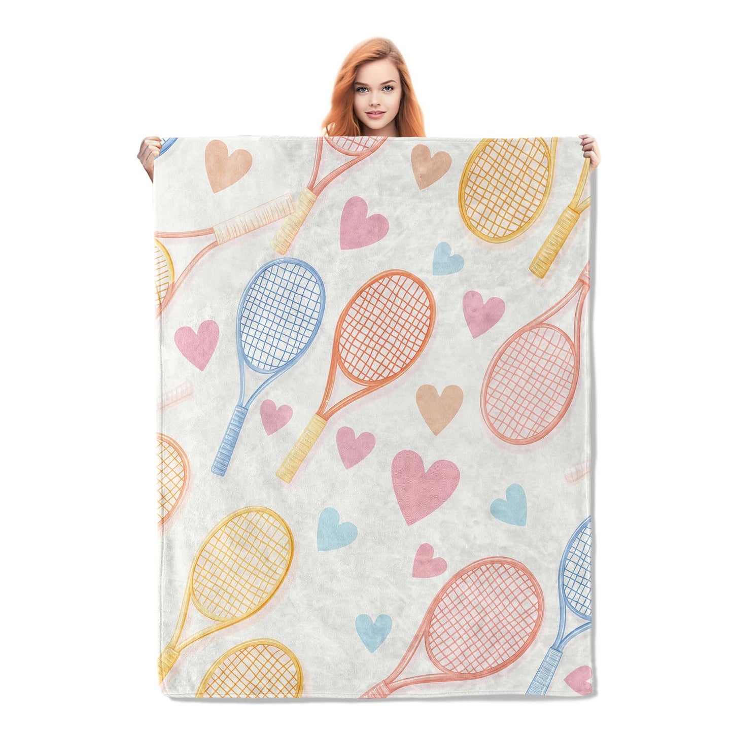Tennis Rrackets and Hearts Blanket Gifts for Women Girls Soft Warm Lightweight Cozy Plush Sport Game Throw Blankets for Bedroom Living Room Sofa Home Decor 60"x50"