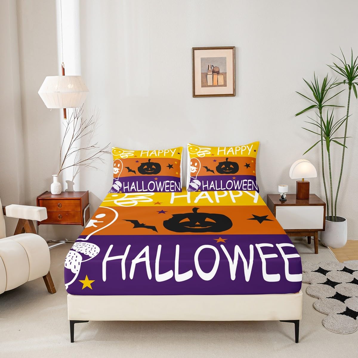 Feelyou Kids Happy Halloween Fitted Sheet Full Size, Pumpkin Bedding Set Horror Decor Bed Sheet Set Boys Girls Halloween Teens Bedroom Decor (2 Pillow Cases and a Fitted Sheet)