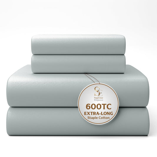 600 Thread Count King Size Bed Sheets Set Light Gray, Soft & Silky 100% Cotton Sateen Sheets, 4pc Wrinkle-Resistant King Sheets Set (1 Flat, 1 Fitted Sheet & 2 Pillowcases) with Deep Pocket