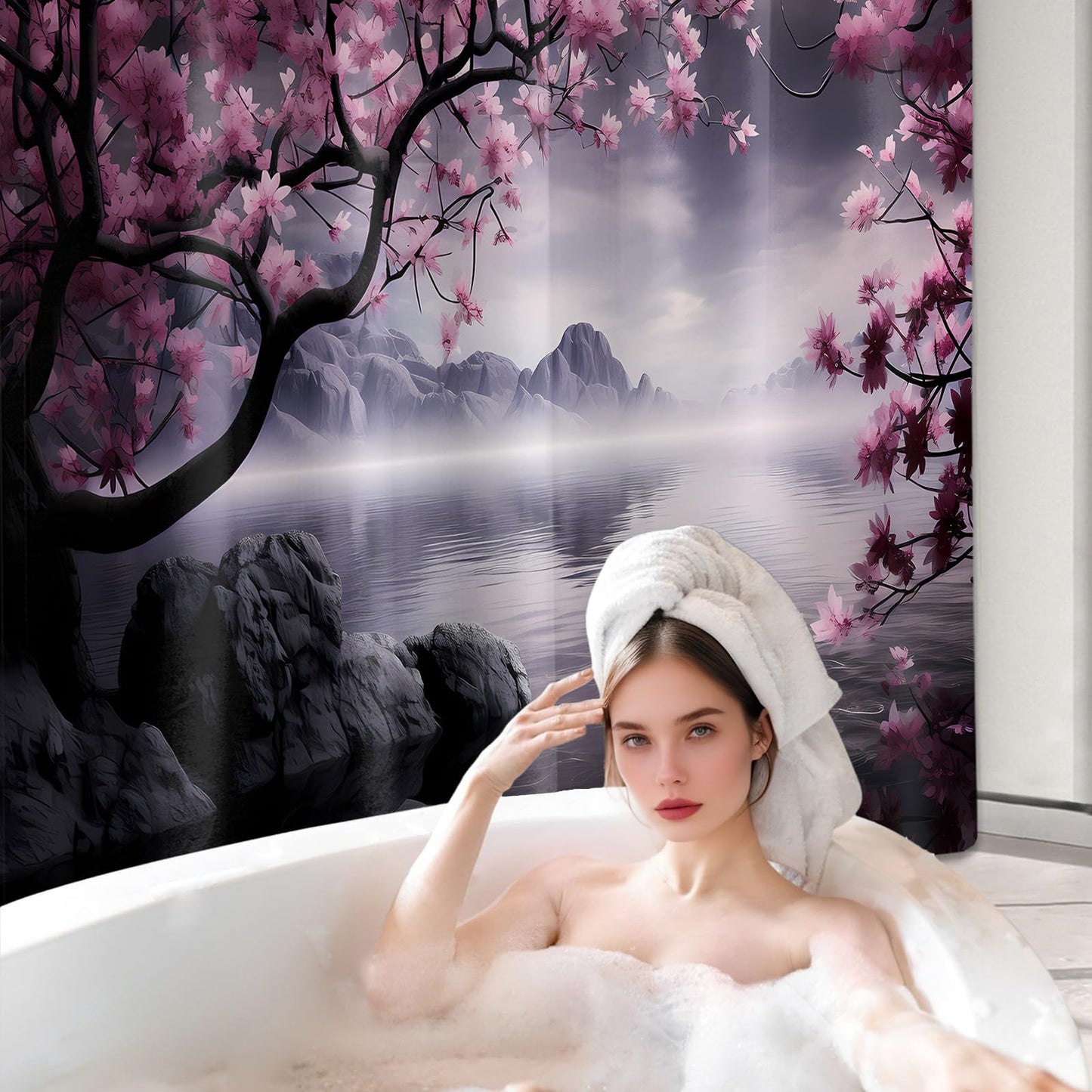 Yieldeer Japanese Cherry Blossom Shower Curtain, Purple, 70x72 inch