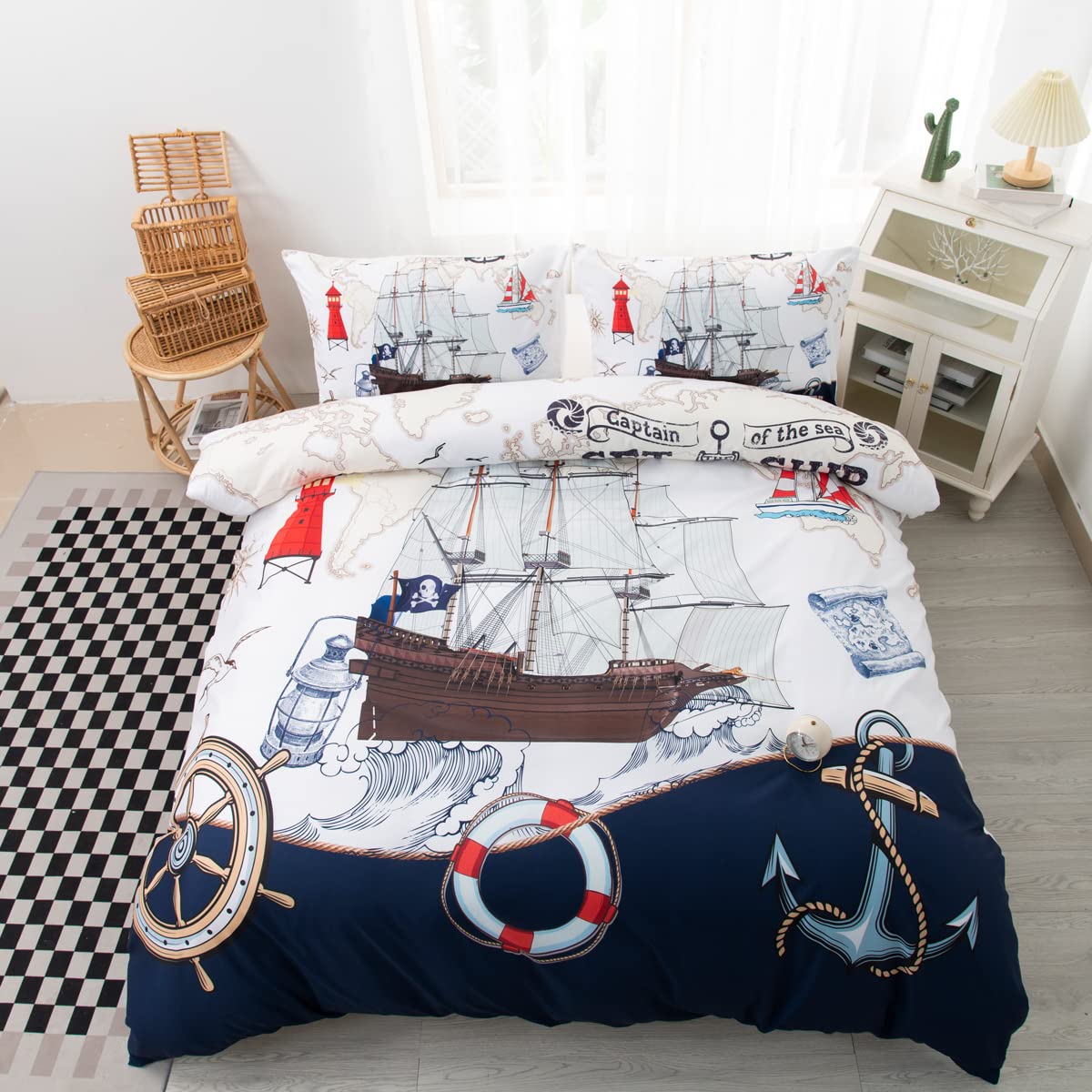 CVHOUSE Nautical Bedding Set Queen Size,Nautical Sailboat Bed for Boys Teens,Ocean Themed Sailing Anchor Comforter Cover Soft,Anchor Duvet Quilt Queen 89'x89'