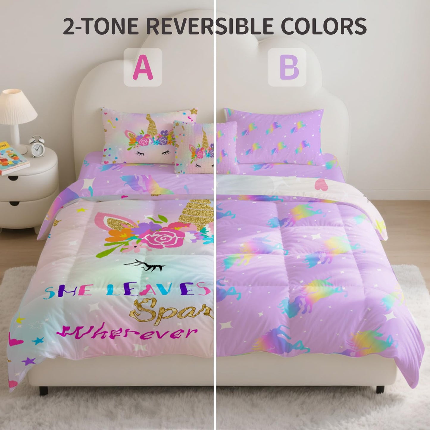 Mfmiudole Unicorn Twin Bedding Sets for Girls, 6 Piece Bed in a Bag, 3D Unicorn Comforter Set for Girls & Boys with Comforter Sheets, Pillowcases & Shams, Lightweight, Breathable, Easy Care