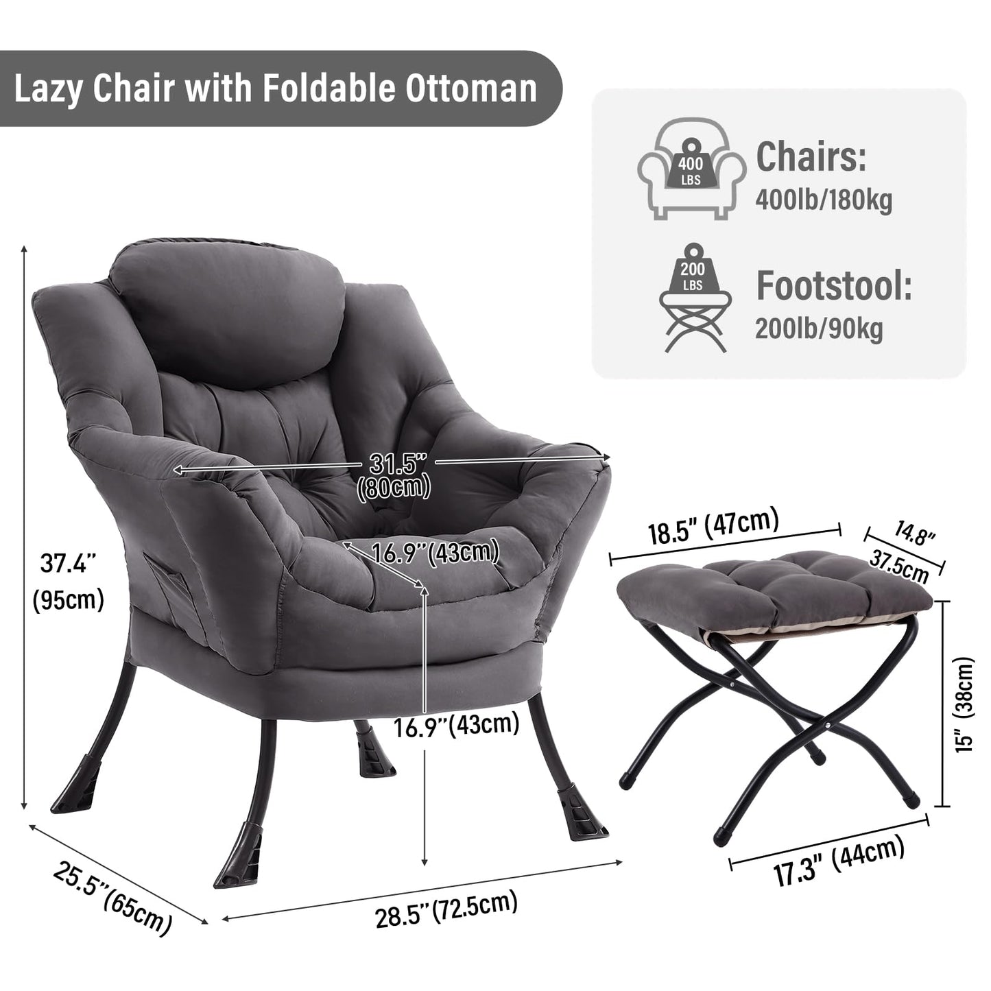 Furlide Lazy Chair with Ottoman, Modern Chair with Folding Footrest, Dark Grey Accent Chair, Comfortable Reading Chair, Oversized Armchairs for Bedroom, Study, Living Room, Courtyard