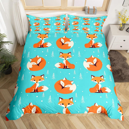Erosebridal Fox Comforter Cover Set for Kids Child,Cartoon Wildlife Duvet Cover for Boys Girls Youth,Cute Wild Animals Lovely Bedding Sets Trees Sketch Bedroom Decor King Size Teal Orange Red