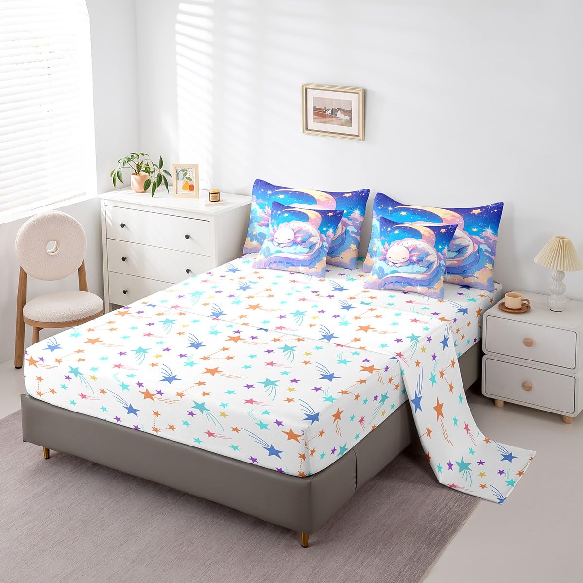 Feelyou Kids Cute Axolotl Bed in A Bag Twin Size, Galaxy 7 Pieces Bedding Set Boys Girls Cartoon Salamander Comforter Set with Sheets Kawaii Animal Teens Bed Set Bedroom Decor 7Pcs