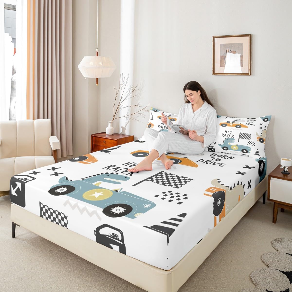 Cartton Car Kids Sheet Set Racing Sports Game Bed Sheets Set Decor Cute Dinosaur Racer Sheets with Deep Pocket Fitted Sheet Gift for Racing Lover White Blue Bedding Set Bedroom Quilt Cover 4Pcs Full