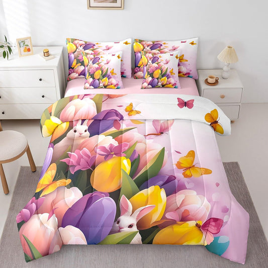 Erosebridal Tulip Bed in A Bag Colorful Flowers Plants Bedding Set for Kids Boys Girls,Spring Botanical Floral King Comforter Set 7 Piece Cute Farm Rabbit Animal Sheet Set with Comforter