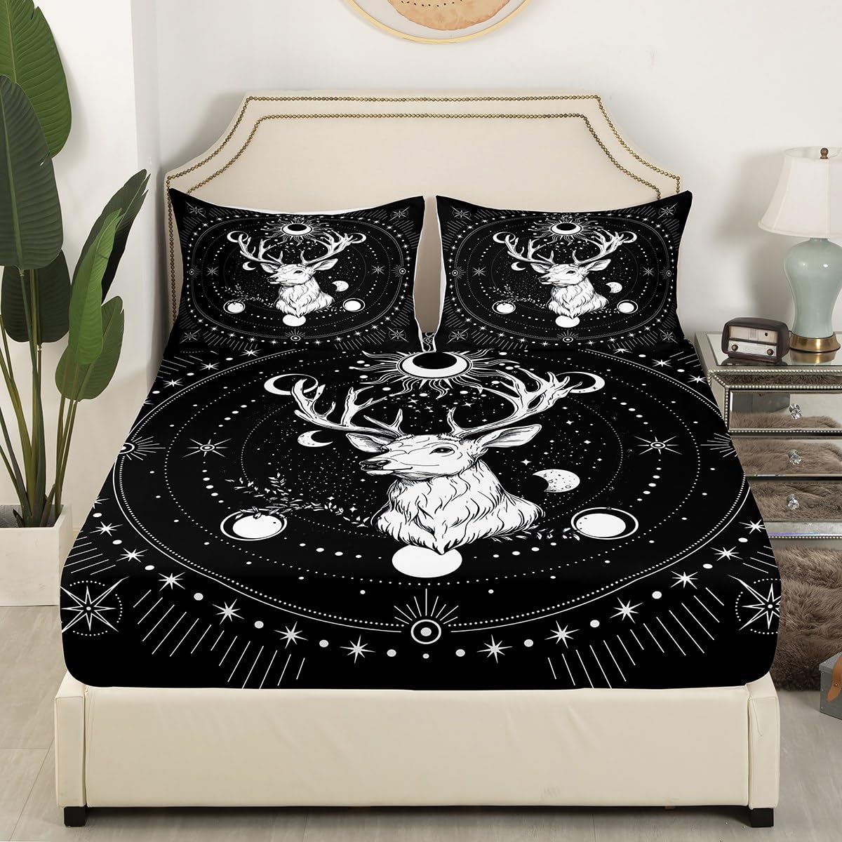 jejeloiu Deer Bed Sheets Set for Kids Boys Girls Twin Size Sun Moon Fitted Sheet Cosmic Celestial Bedding Set Western Bed Cover Room Decor Boho Exotic