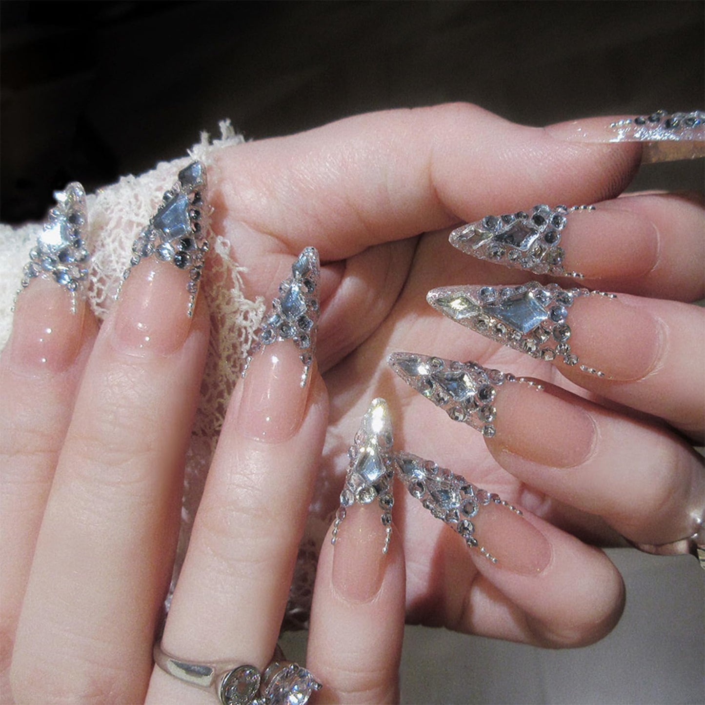 SINHOT Luxury Press on Nails - Long Stiletto Fake Nails, Glossy Finish, French Tip & 3D Rhinestones Design, DIY Artificial False Nail Art - 24 Pcs Nail Kit with Glue