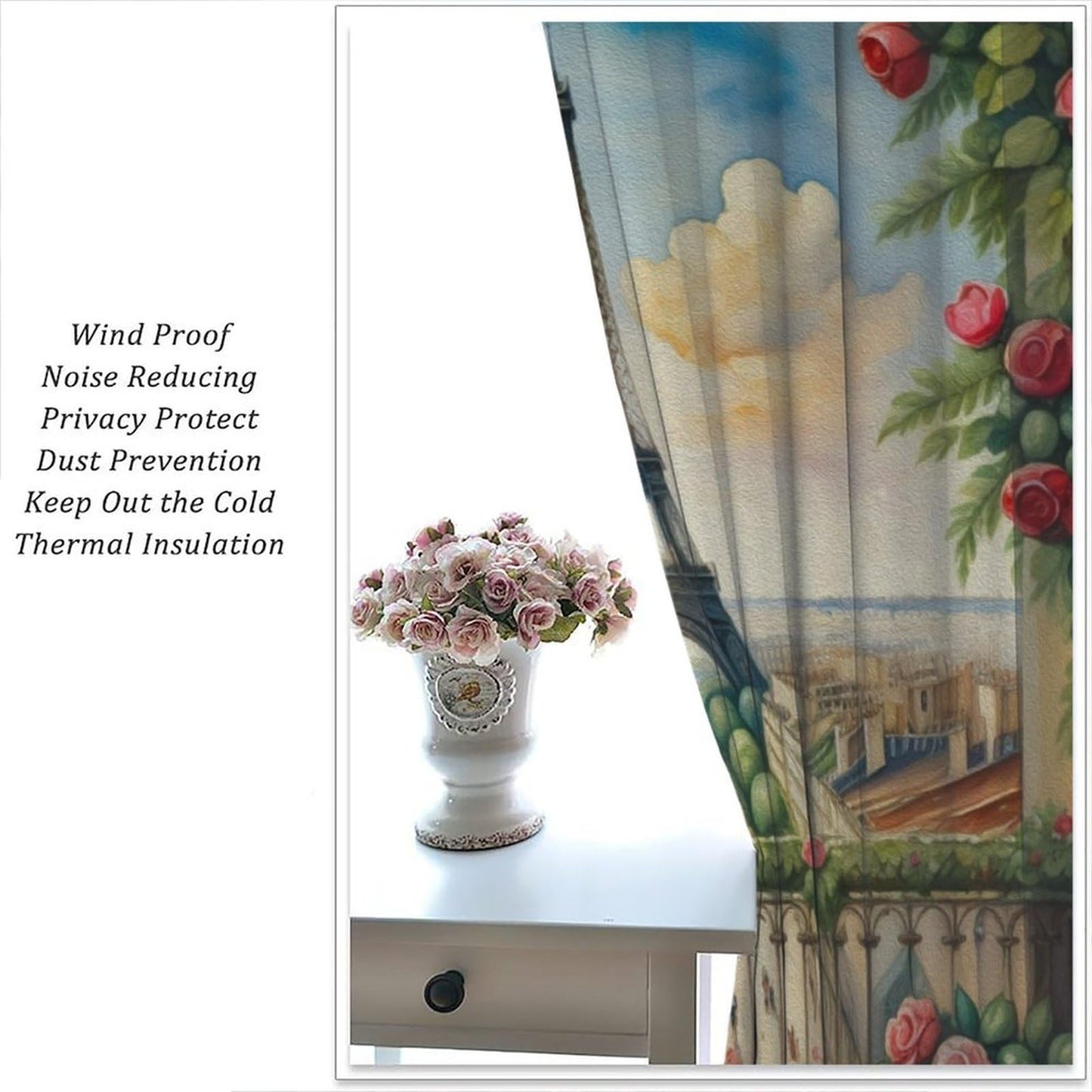 Wallira Paris Eiffel Tower Scene Curtains,Cityscape Rural Oil Painting Landscape Rose Decor Rod Pocket Window Treatments for Girl Women Aldult Bedroom Living Office Restaurant Drapes 41" W X 45" L