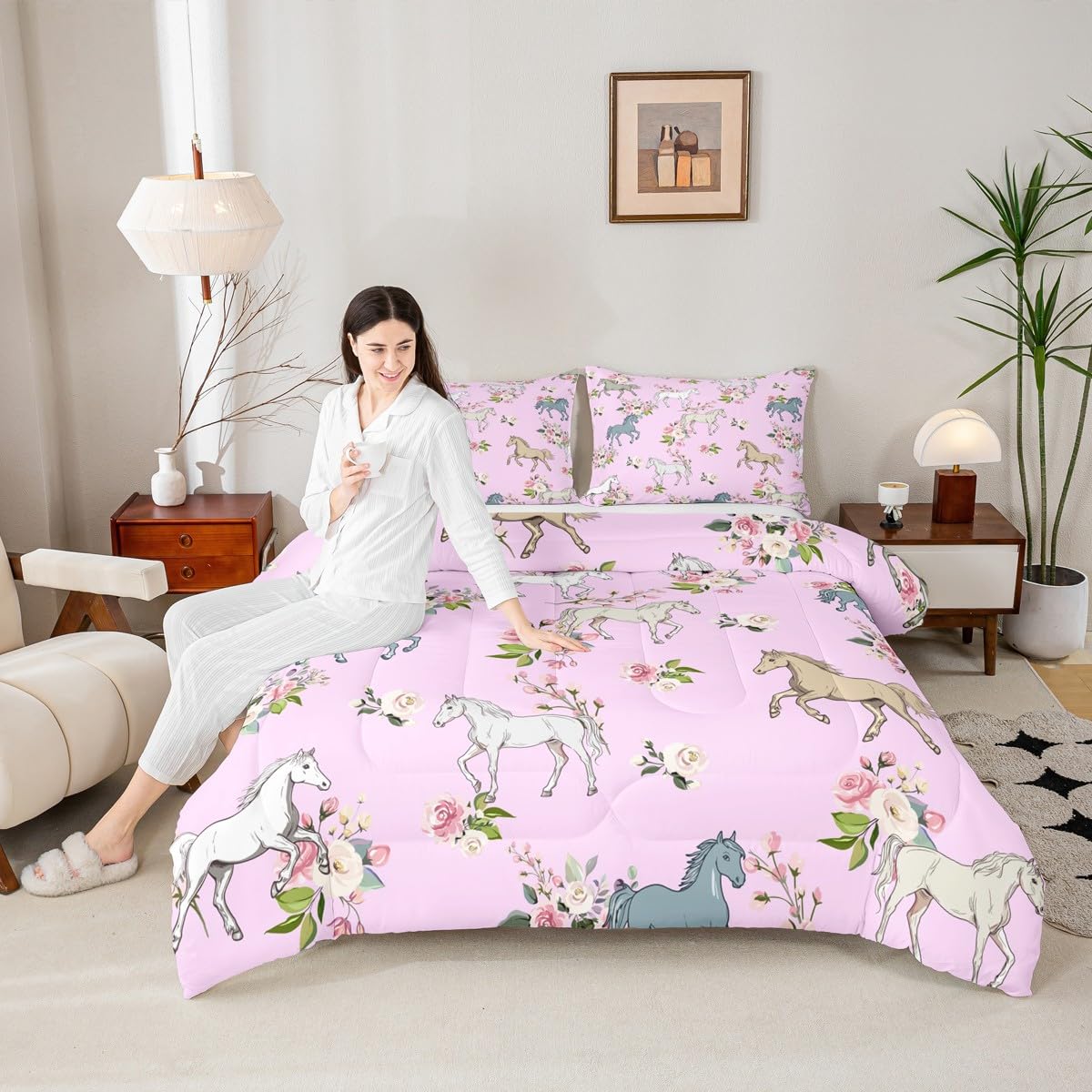 Erosebridal Horse Comforter Set Queen Rose Bedding Set for Girls Boys Kids Teens Western Cowboy Cowgirls Wild Animal Floral Down Comforter Cute Horses Flower Duvet Insert Lightweight, Pink