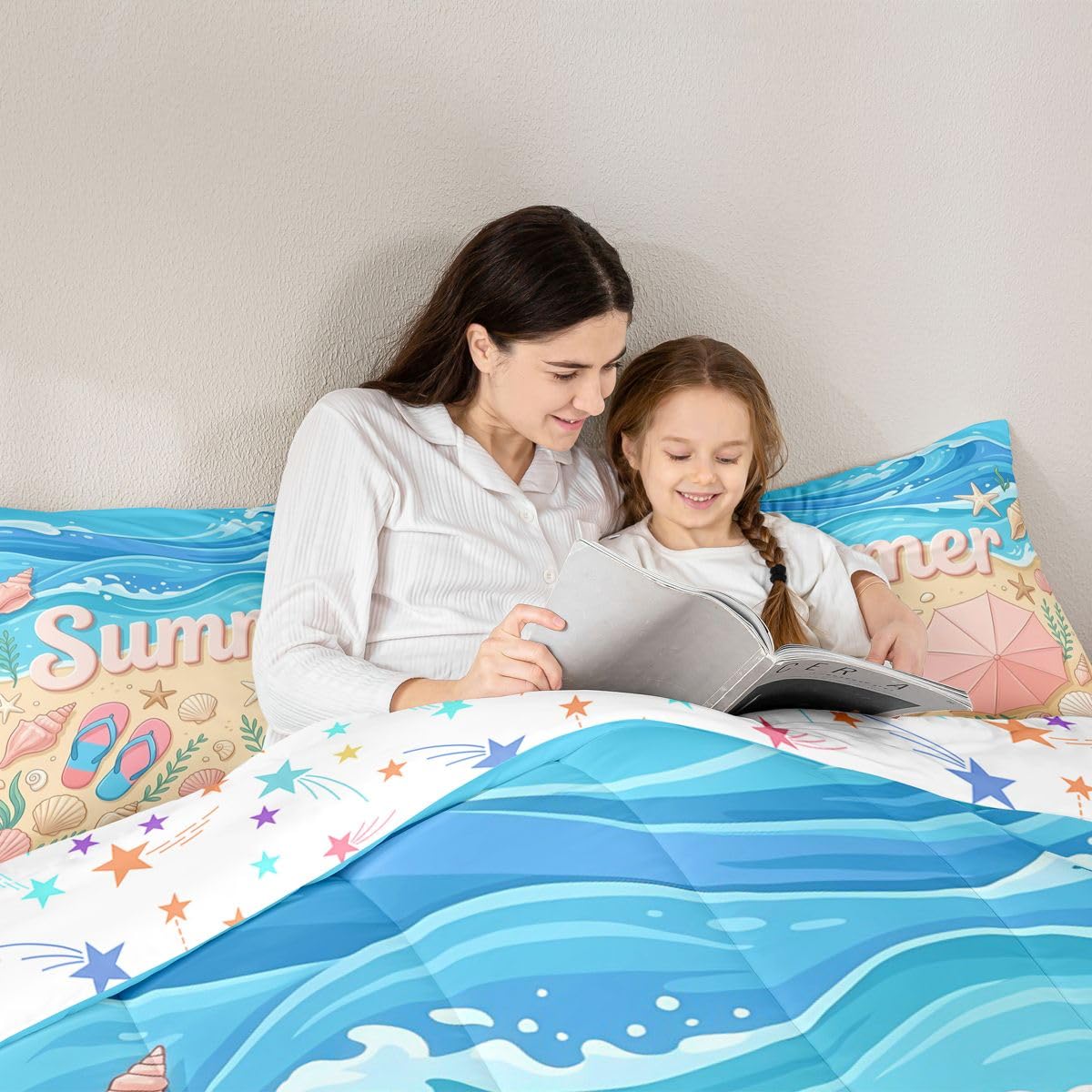Castle Fairy Queen Size Summer Coastal Starfish Shell Conch Comforter Set with 2 Pillowcases-Blue Flip Flops Bedding for Kids Girls Room Decor,Tropical Hawaiian Beach 3 Pieces All Season Duvet Insert