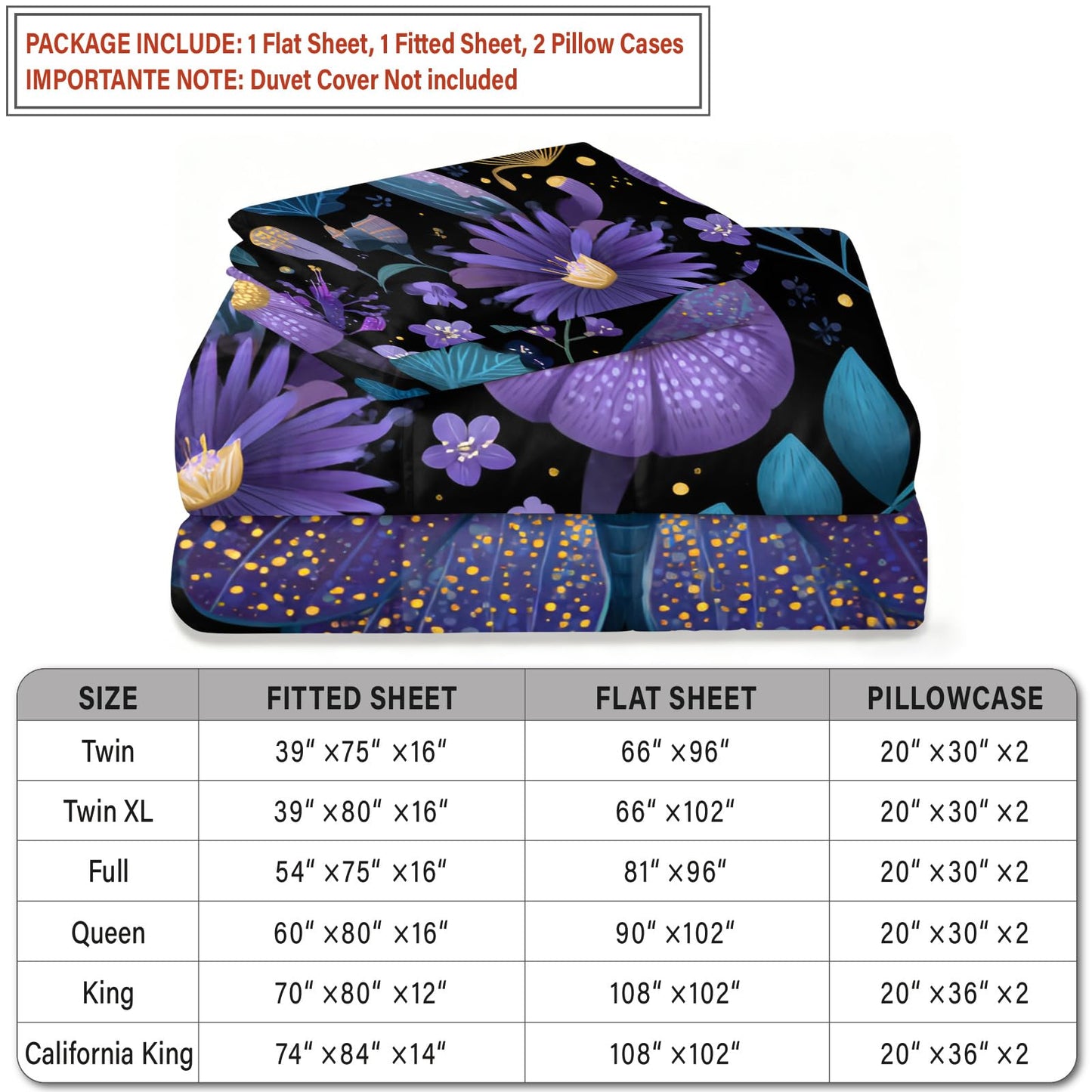 Purple Night Moth Sheet Set King for Women Girls Room, Kids Glowing Mushroom Enchanted Forest Bed Sheets Sets Exotic Floral Bedding Sheets Set Room Decor 4Pcs(Fitted & Flat Sheet+2 Pillowcases)