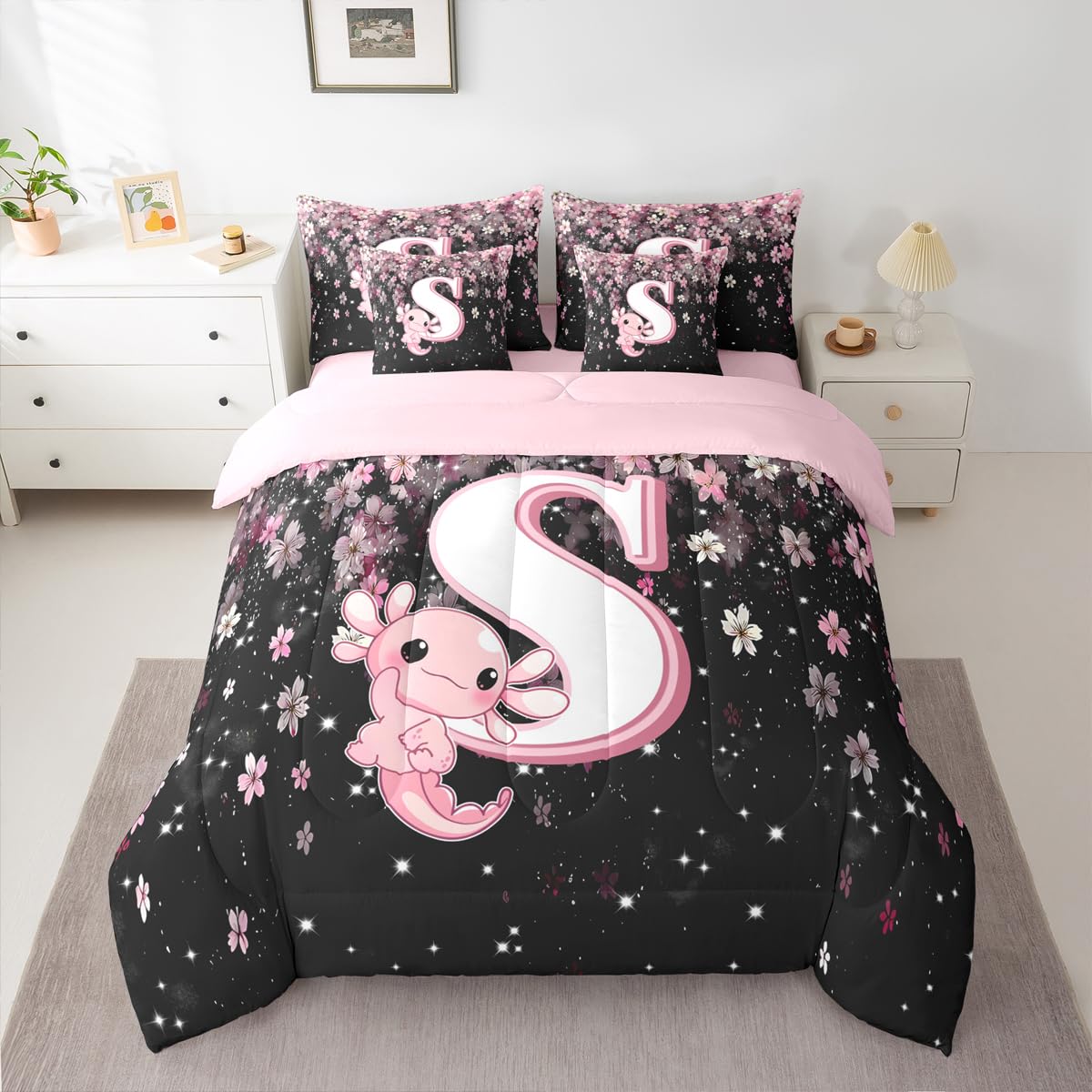 Erosebridal Japanese Cherry Blossom Bedding Set (Twin Size,7 Pieces) Cute Initial Axolotl Comforter Set with Sheets for Teen Girl Pink Axolotl Bed in A Bag with Letter S Design Monogram Duvet Insert