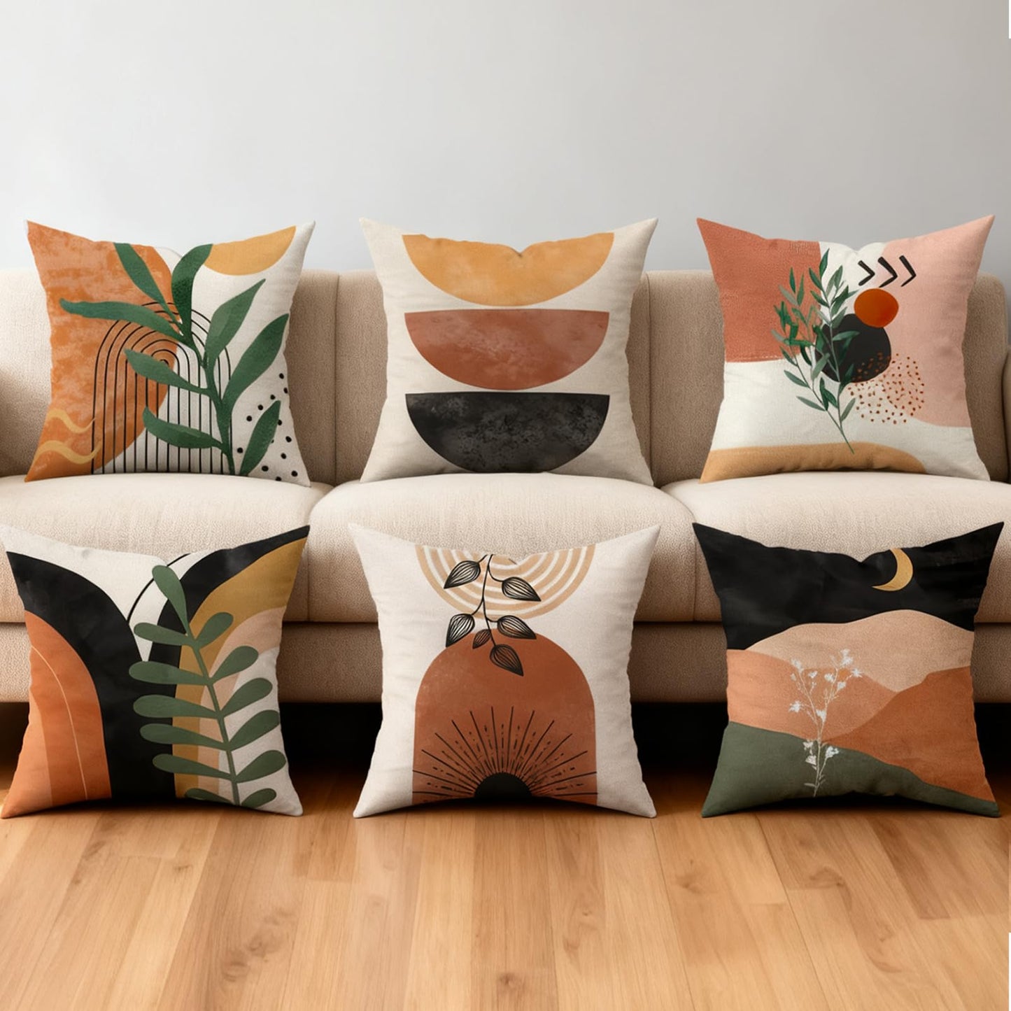 Ceexolliss Boho Mid Century Modern Throw Pillow Covers Set of 6, Sun Moon Leaves Arch Abstract Home Decor Bohemian Decorative Cushion Covers 18"X18"