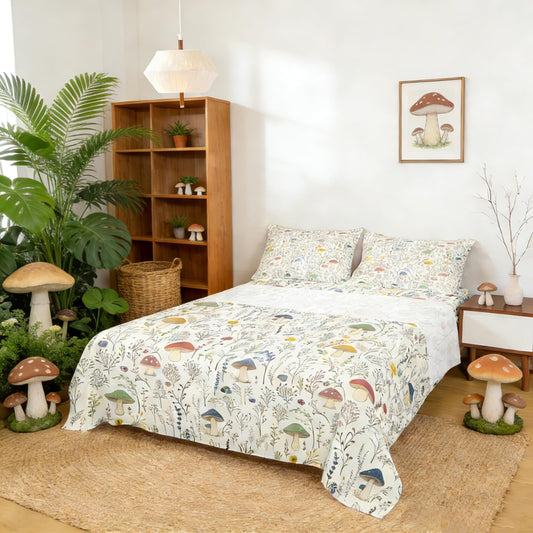 Erosebridal Cartoon Mushroom Sheet Set Flowers Branch Leaves Fitted Sheet for Kids Child,Colorful Mushroom Kawaii Bed Sheets Jungle Botanical Bedroom Decor Full Size