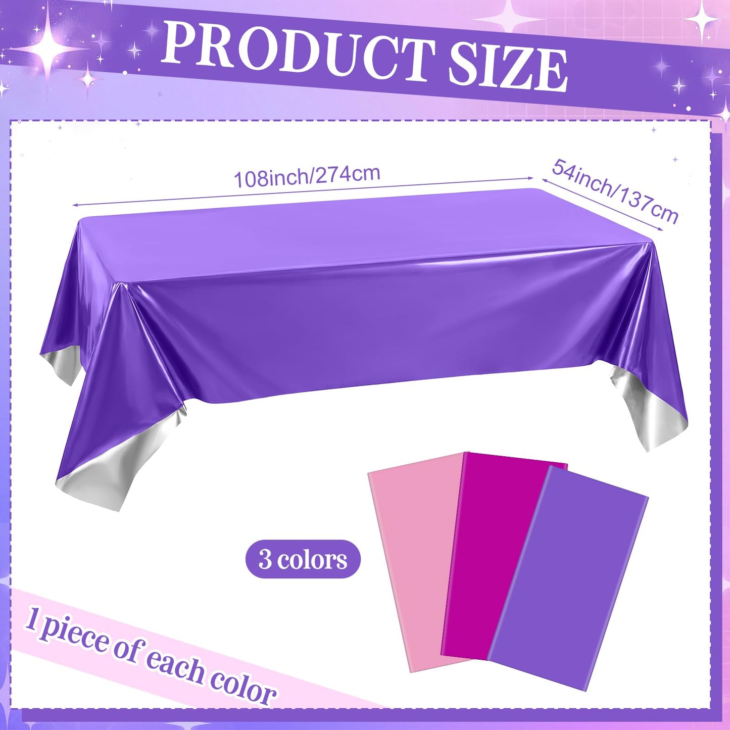 Tiamon 3 Pack K Pop Style Tablecloth 108 x 54 Inch Plastic Disposable Iridescent Korean Tablecloth Purple Pink Kpop-Style Table Cover for Girls Birthday Decorations 80s 90s Music Party Supplies