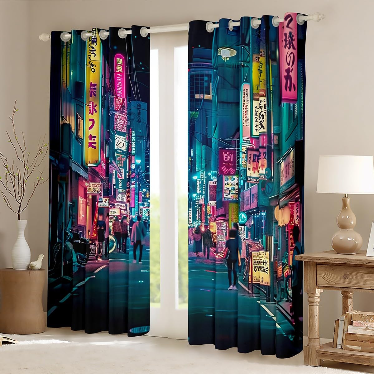 Feelyou Japanese Art Blackout Curtains (2 Panels, 42 x 63 Inch) Tokyo Anime Darkening Drapes Japan Night City Curtains for Bedroom Living Room