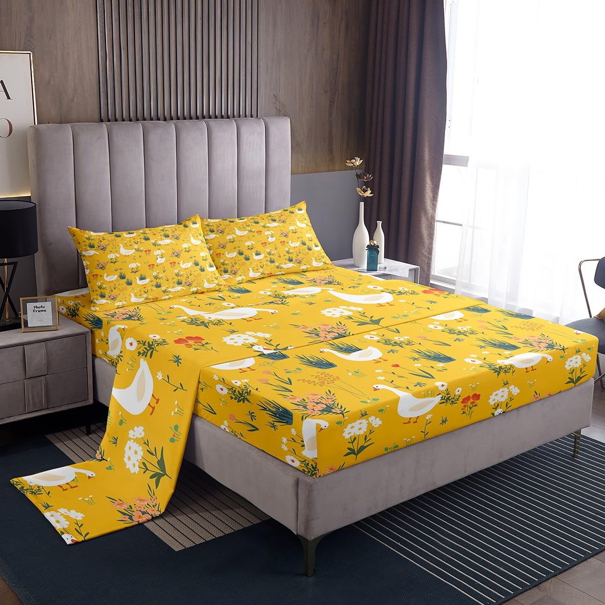 Erosebridal Wildlife Flowers Sheet Set Full,Rustic Goose Duck Bed Sheets for Kids Boys Girls,Garden Leaves Plants Bedding Set,Farm Animal Fitted Sheet + Top Sheet + 2 Pillowcases Wrinkle Free