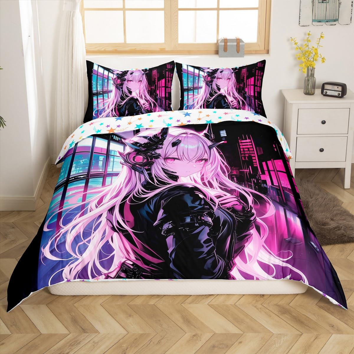 Erosebridal Japanese Anime Bedding Set Full Size, Anime Girl Comforter Cover Kawaii Japanese Style Comforter Cover Cartoon Japan Animation Bed Set for Boys Teens Adult Women Bedroom Decor