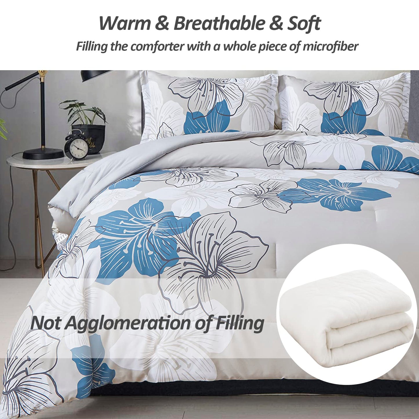 Menghomeus Floral Comforter Set Queen 3 Piece Blue Floral Pattern Printed on Grey Soft Microfiber Bedding Set Lightweight Bed Comforter Set for All Season (1 Comforter, 2 Pillowcases)