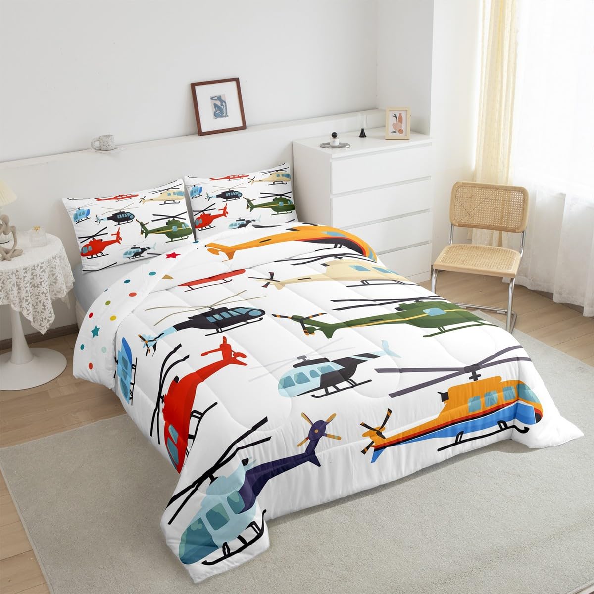 Aircraft Twin Size Comforter Set for Kids Boys - Airplane Duvet Insert and Pillow Case - White