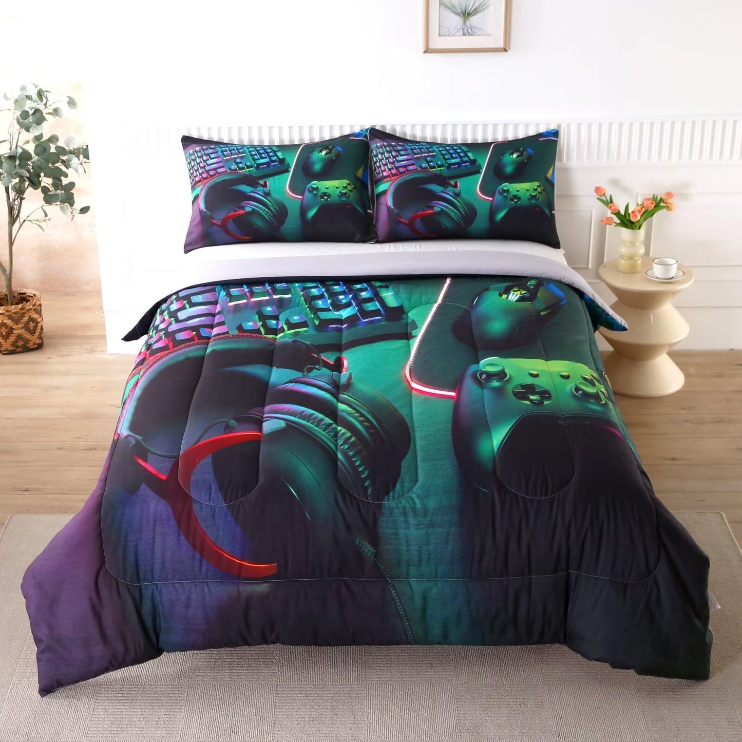 GRAT TIOC Gamer Comforter Sets for Teen Boys,Gaming Bedding Sets Twin,Video Game Bedspread,Game Gamepad Bedrooom Bed Set,Controller Gamer Home Decor 3 Piece