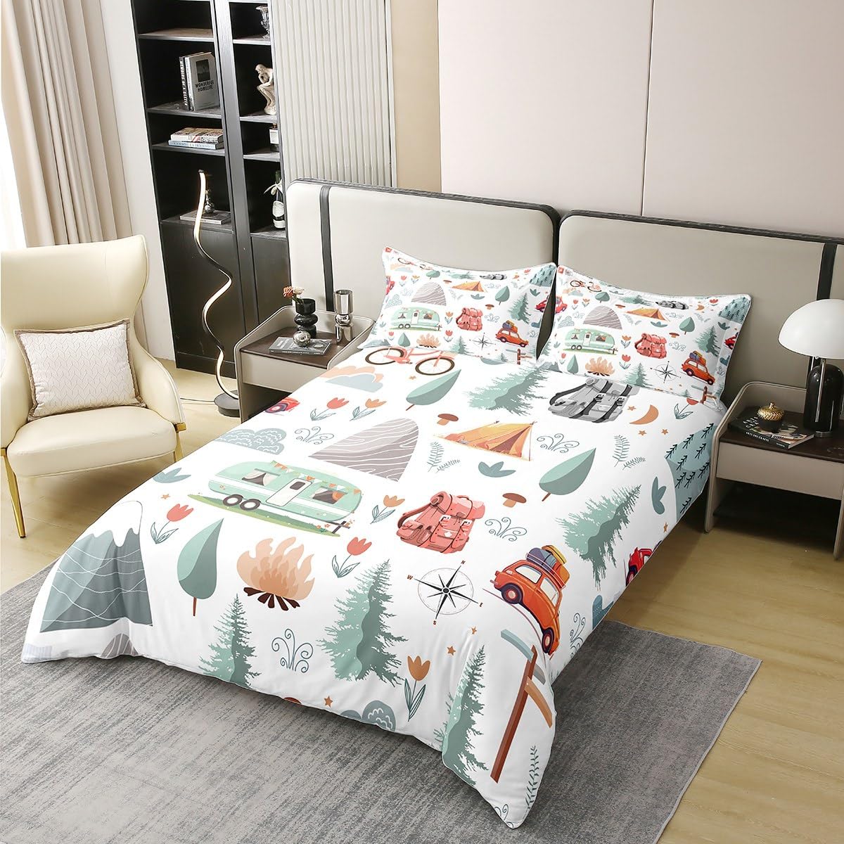 Kids Camper Theme 100% Cotton Duvet Cover Twin, Happy Camping Bedding Set, Travel Car Rv Accessories Comforter Cover, Botanical Flowers Mountain Adventure Quilt Cover, Cute Camper Bedspread Cover