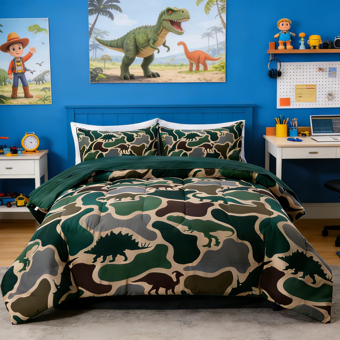 Holawakaka Boys Dinosaur Camouflage Comforter Set with Sheets, Queen Size Army Green Camo Bedding Sets for Kids Teens Bed-in-a-Bag 5 Pieces for Dorm Bedroom Cabin Lodge