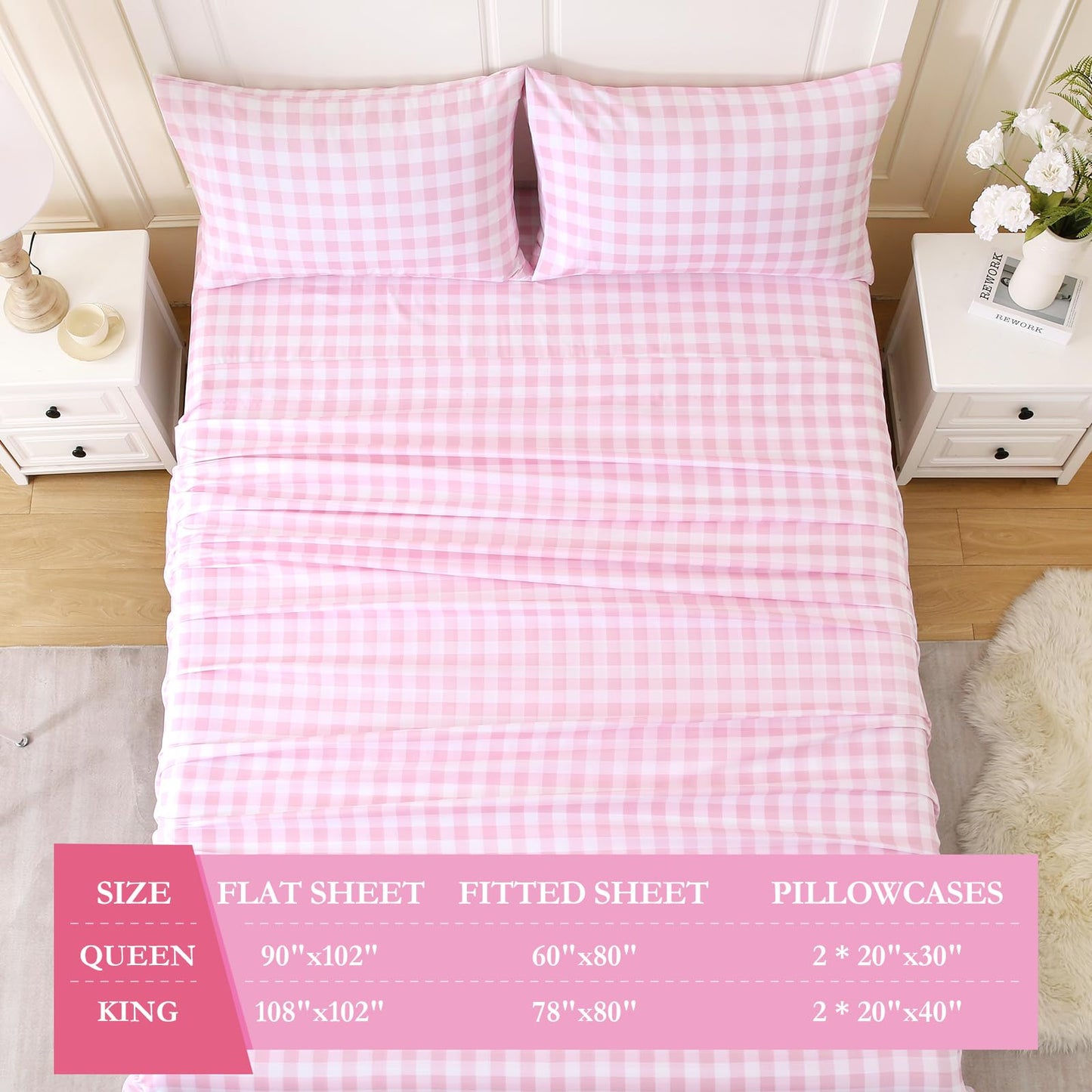 MICORAL Queen Sheet Set Pink Gingham Plaid, 4-Piece Brushed Microfiber Cute Grid Bed Sheets, 16" Deep Pocket, Ultra Soft & Cooling Sheet, Oeko-TEX Certified, Light Pink