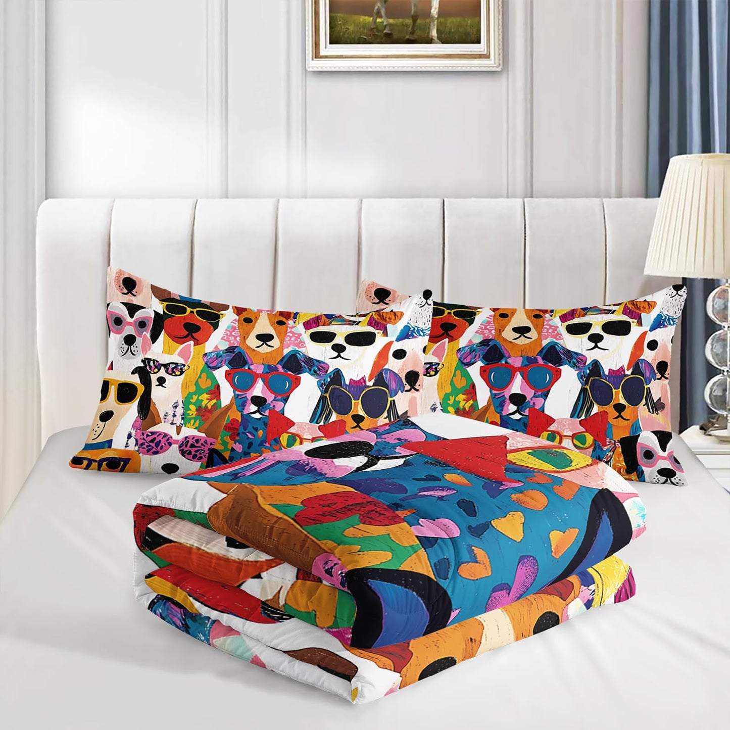 AILONEN Cute Dogs Comforter Set Full Size,Funny Cartoon Puppy Bedding Sets for Kids,Pet Animals Theme Comforter with 2 Pillowcase,Soft Microfiber