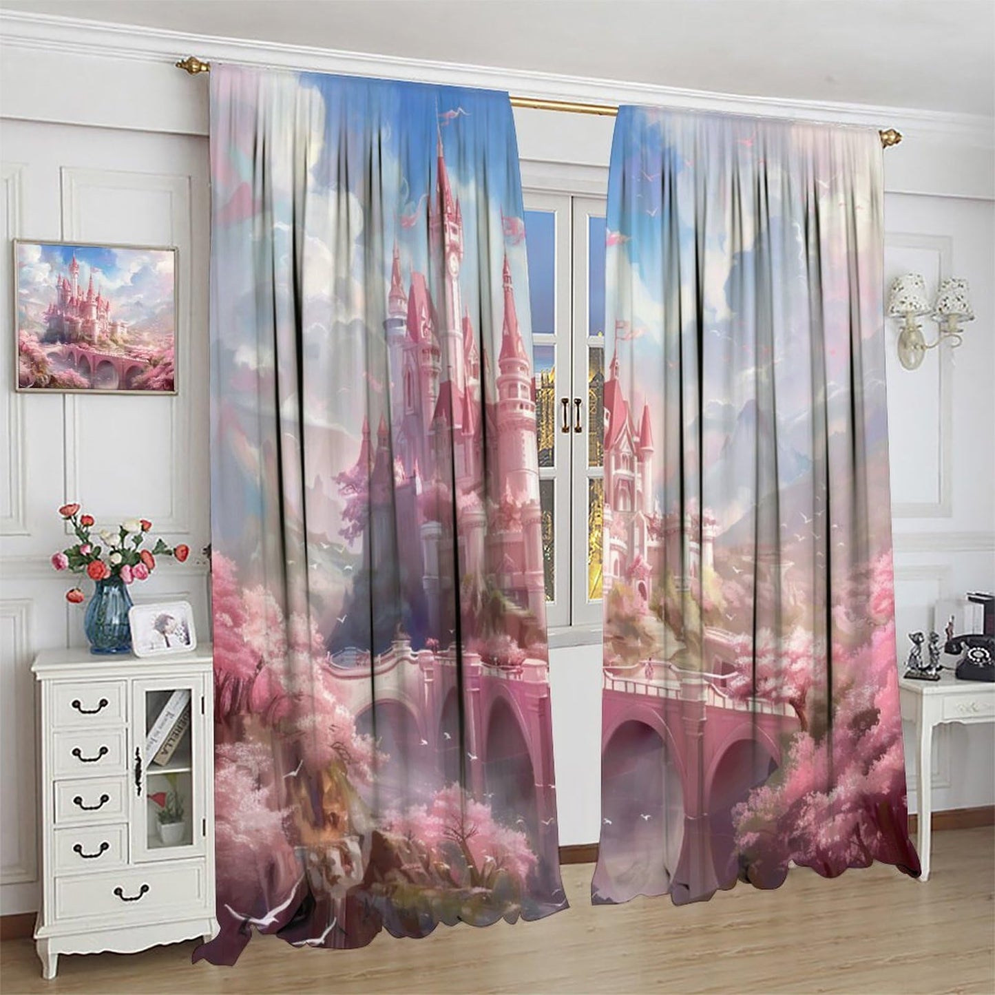 HZOHNAGO Castle Curtains Cherry Blossom Pink Dreamy Castle Birds Mountain Pattern for Girls Room Decoration Print Decor Rod Pocket Window Drapes for Bedroom Living Room 42x45in