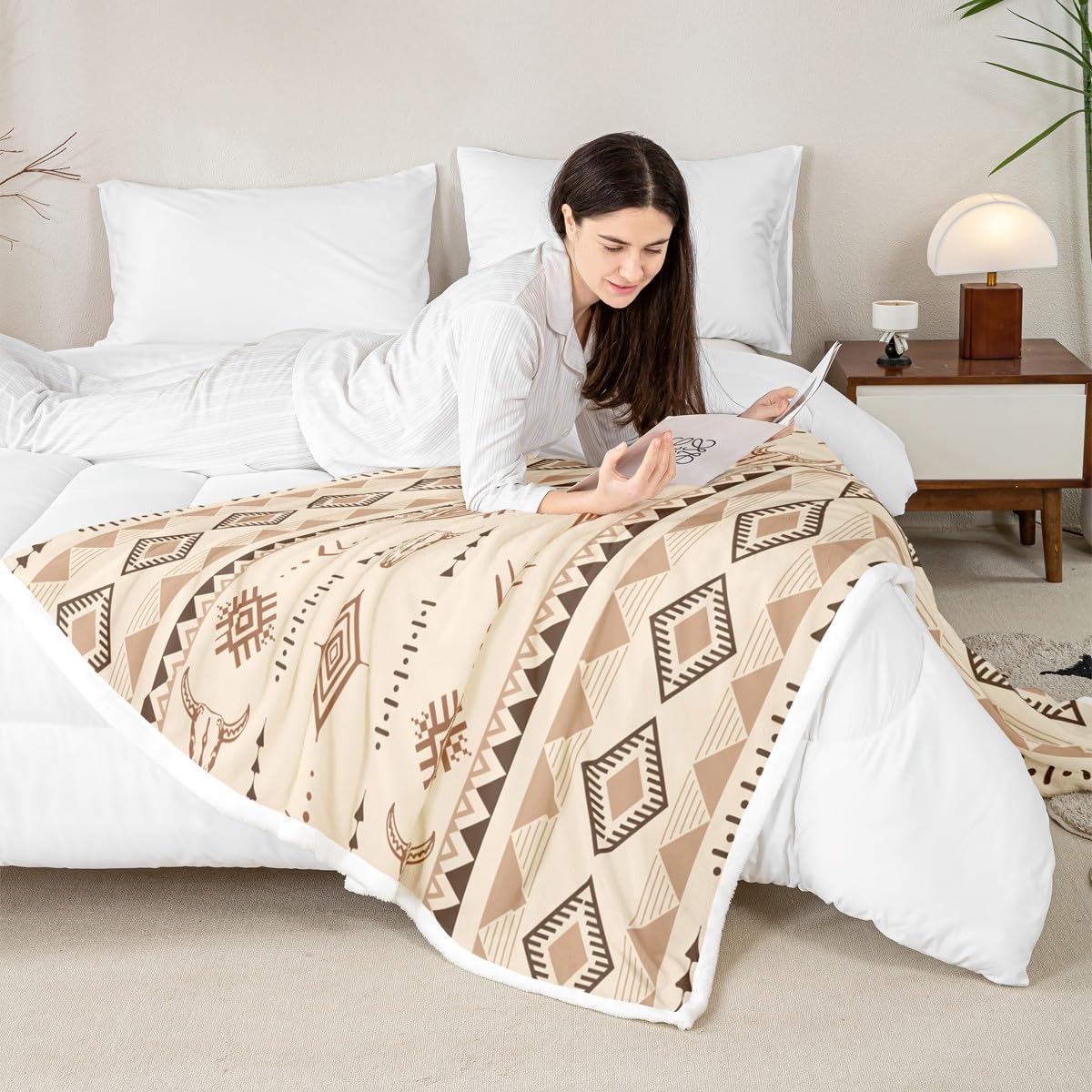 Erosebridal Bohemian Aztec Fleece Blanket Twin Size, Western Bull Skull Sherpa Blanket, Geometric Farmhouse Fuzzy Plush Throw, Southwestern Native Decor for Sofa Couch
