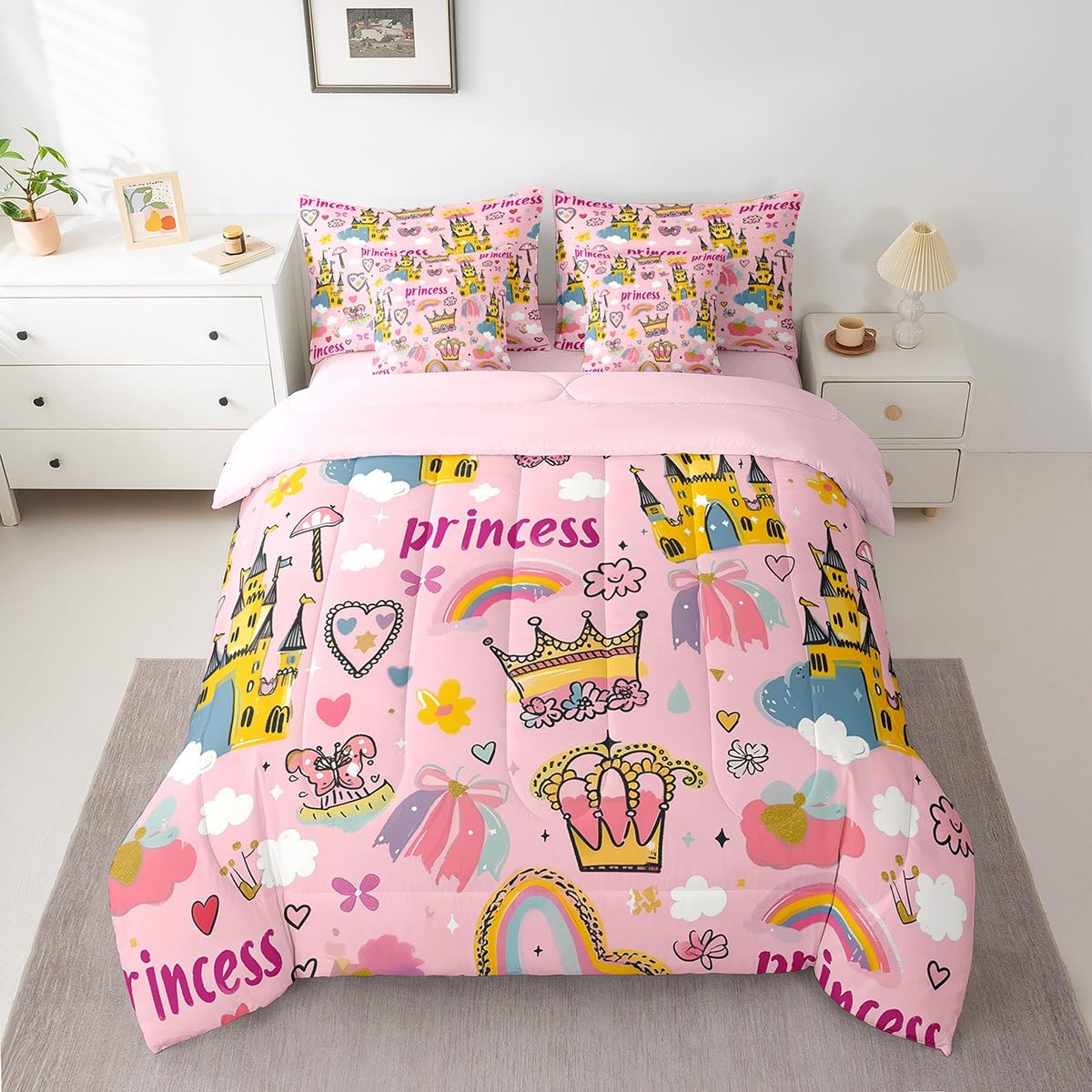 Erosebridal Princess Floral Crown Bedding Set 7Pcs,Yellow Cartoon Castle Comforter Set King for Kids Girls,Rainbow Butterfly Bed in a Bag,Kawaii Cloud Love Heart Quilt