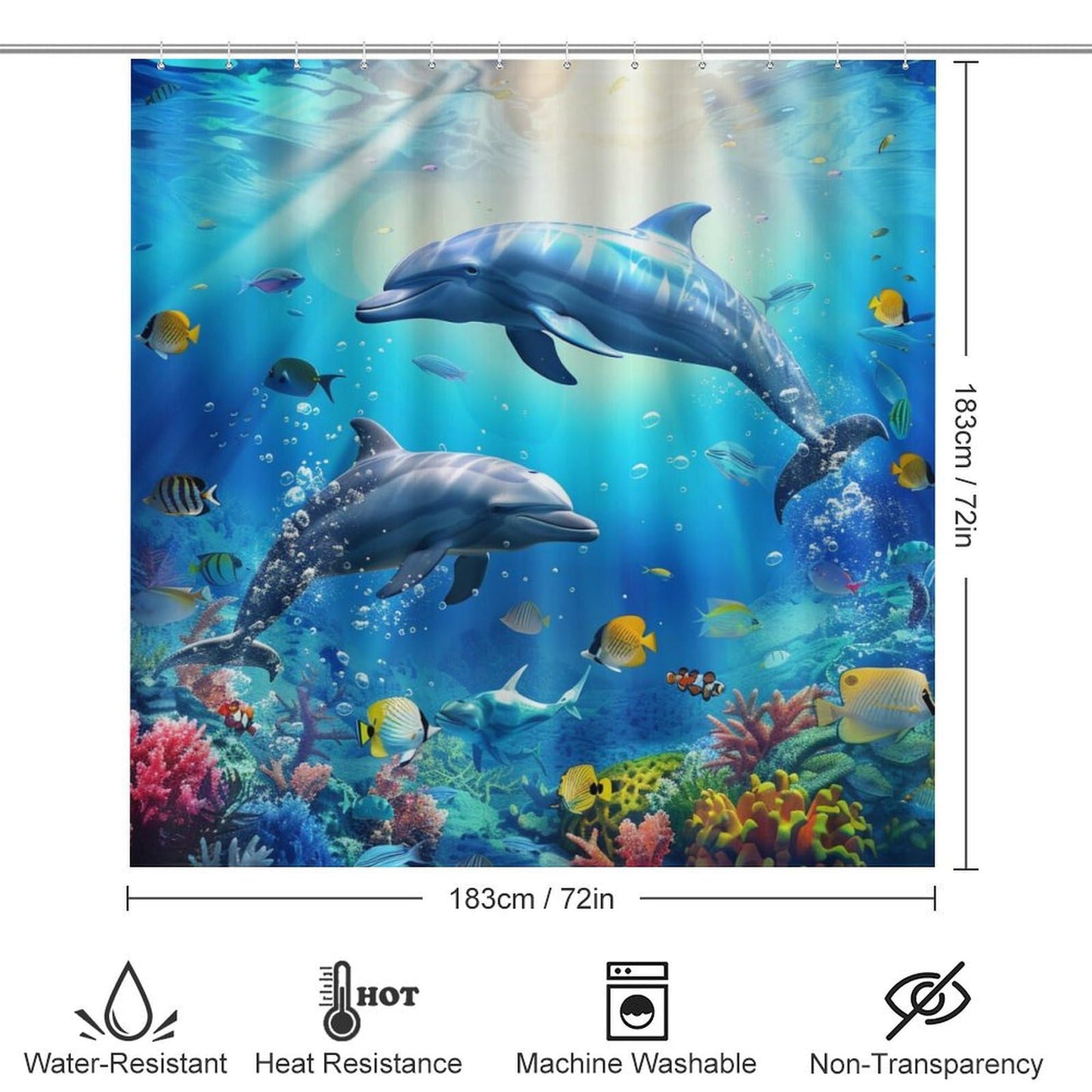 HDESDIS 4Pcs Blue Dolphin Shower Curtain Set, Non-Slip Rug Toilet Lid Cover Bath Mat, Ocean Tropical Fish Coral Reef Bathroom Shower Decor Set Accessory, 72" x 72"