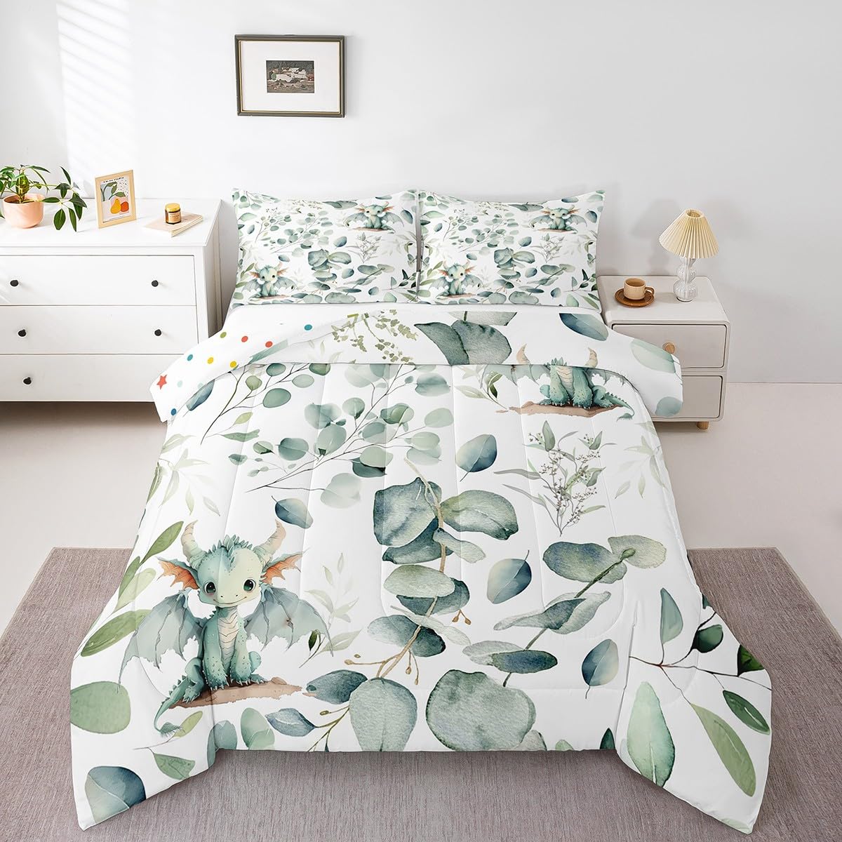 Erosebridal Boys Magic Animal Twin Bedding Sets Cute Dragon Comforter Set, Cartoon Wildlife Bedding Comforter Sets Green Leaf Duvet Insert, Spring Garden Plant Down Comforter Child Kids Bedroom Decor