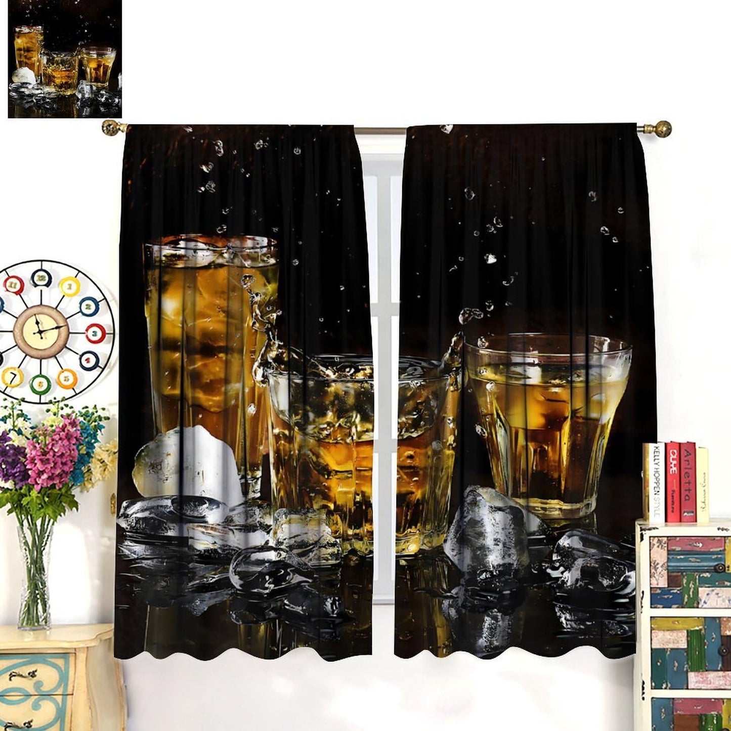 Fblifil Wine Curtains,Happy Alcoholic Wine Glasses Ice Cubes Printed Rod Pocket Window Treatments for Women Men Living Room Bedroom Cafe Kitchen Bar Decor 42" W X 45" L
