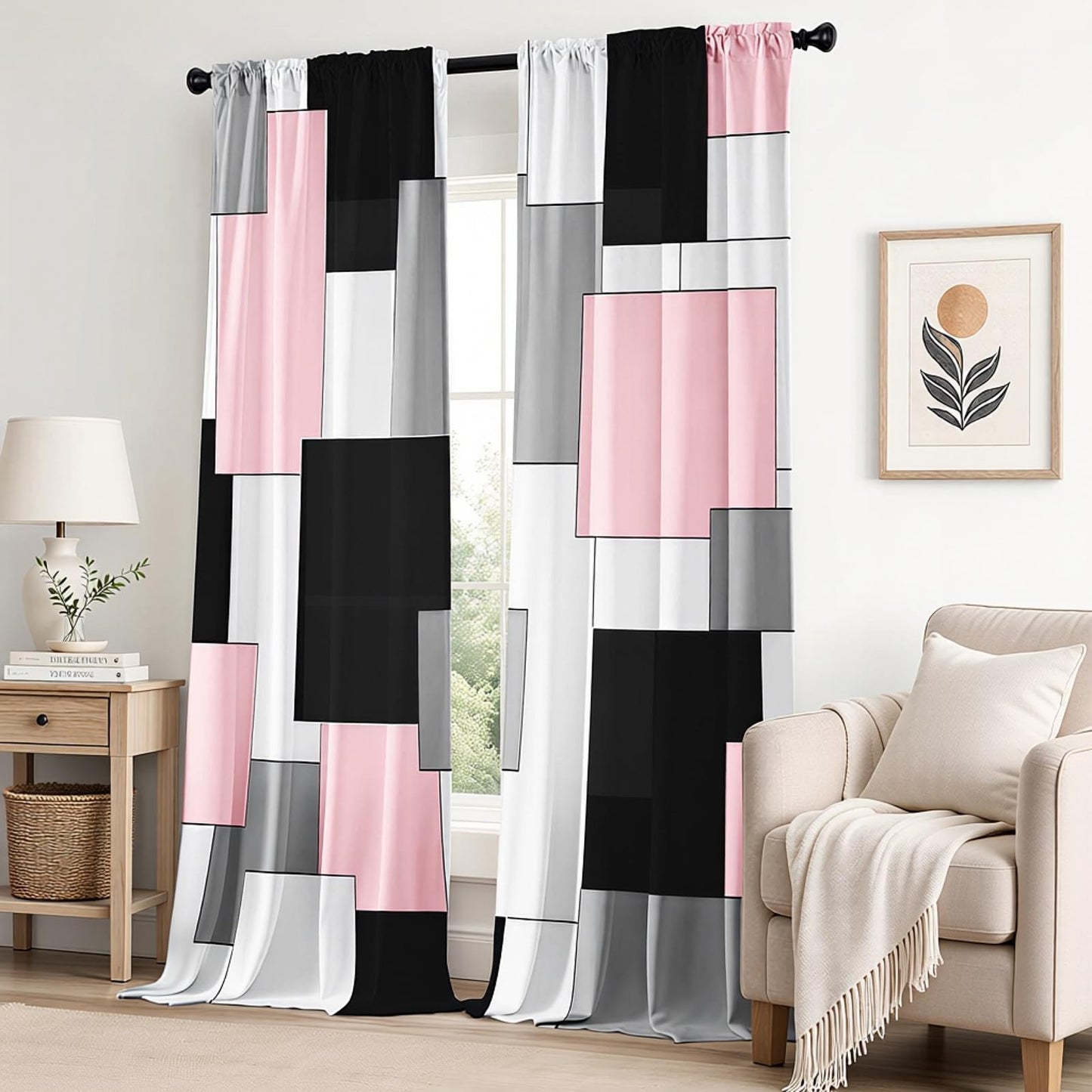 XFLINGBAO Pink and Black Curtains 84 Length for Living Room Modern Pink Black Geometry Curtains Grey Abstract Rod Pocket Curtain for Bedroom Kitchen Girls Room Window Drapes 2 Panels