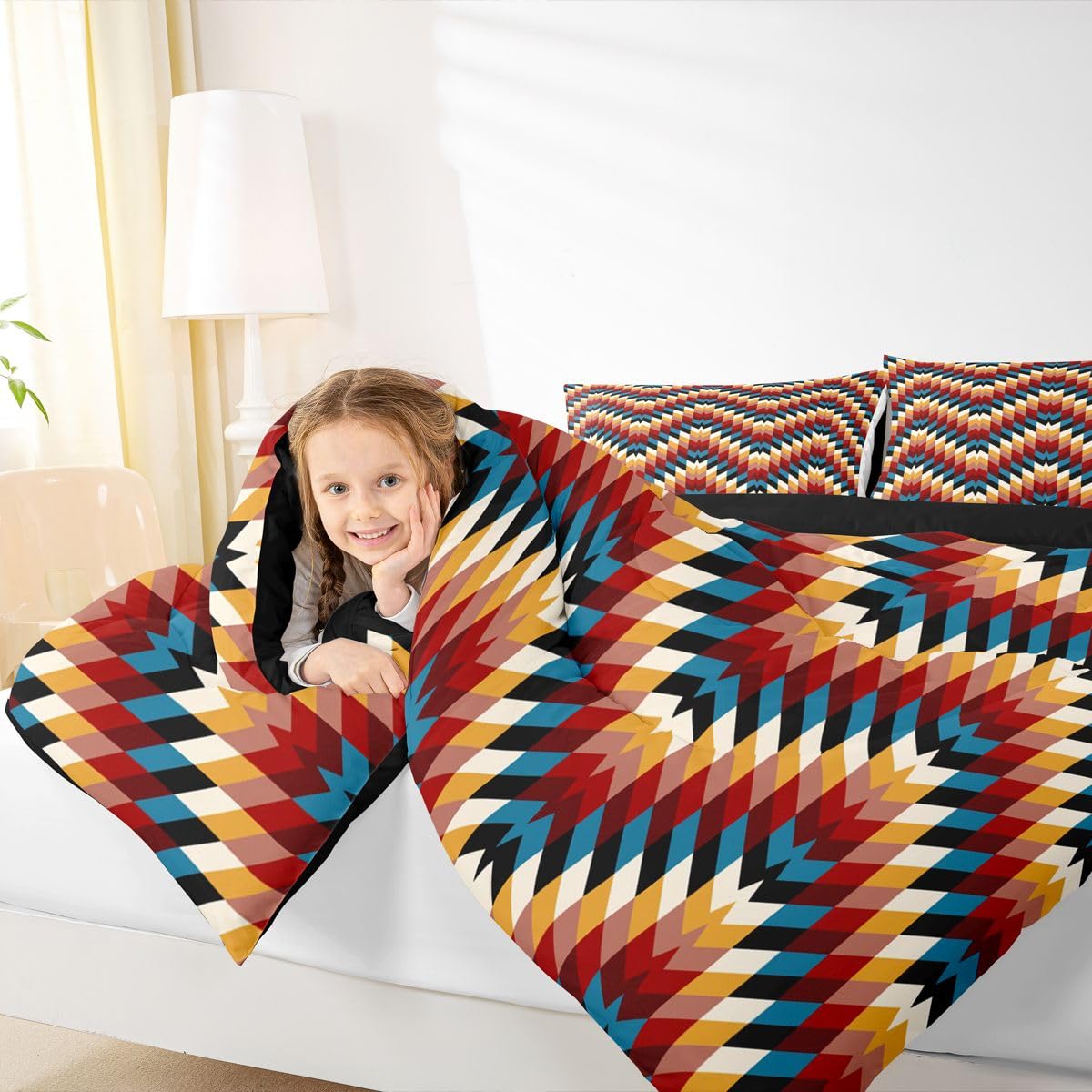 jejeloiu Southwestern Native Aztec Comforter Set All Season Bohemian Bedding Set with 2 Pillow Cases Brown Blue Microfiber Kids Queen Bedclothes Tribal Geometric Bedroom Decor Duvet Quilt Breathable