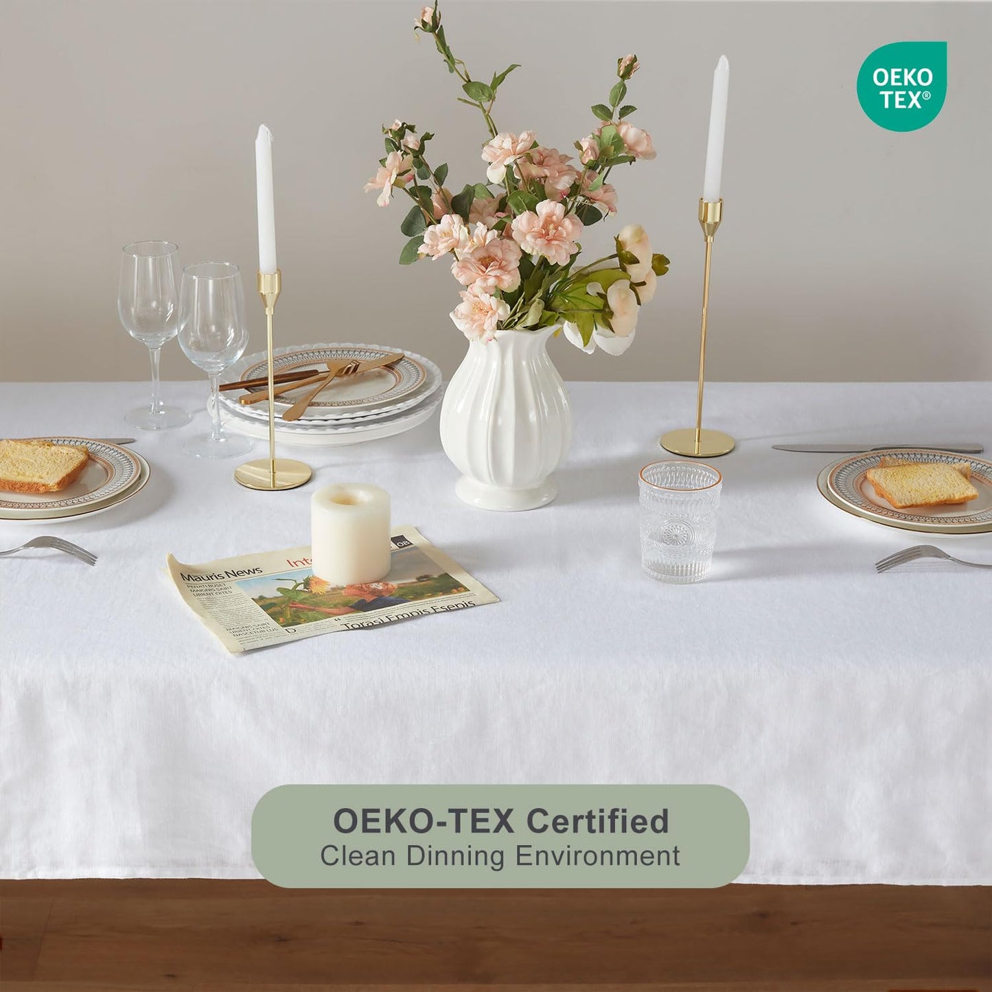 TOSMO 100% French Linen Tablecloth, Washable Farmhouse Rectangle Table Cloth for Kitchen, Dining, Party, Cocktail, Indoor and Outdoor Daily Use(52''x70'',White)